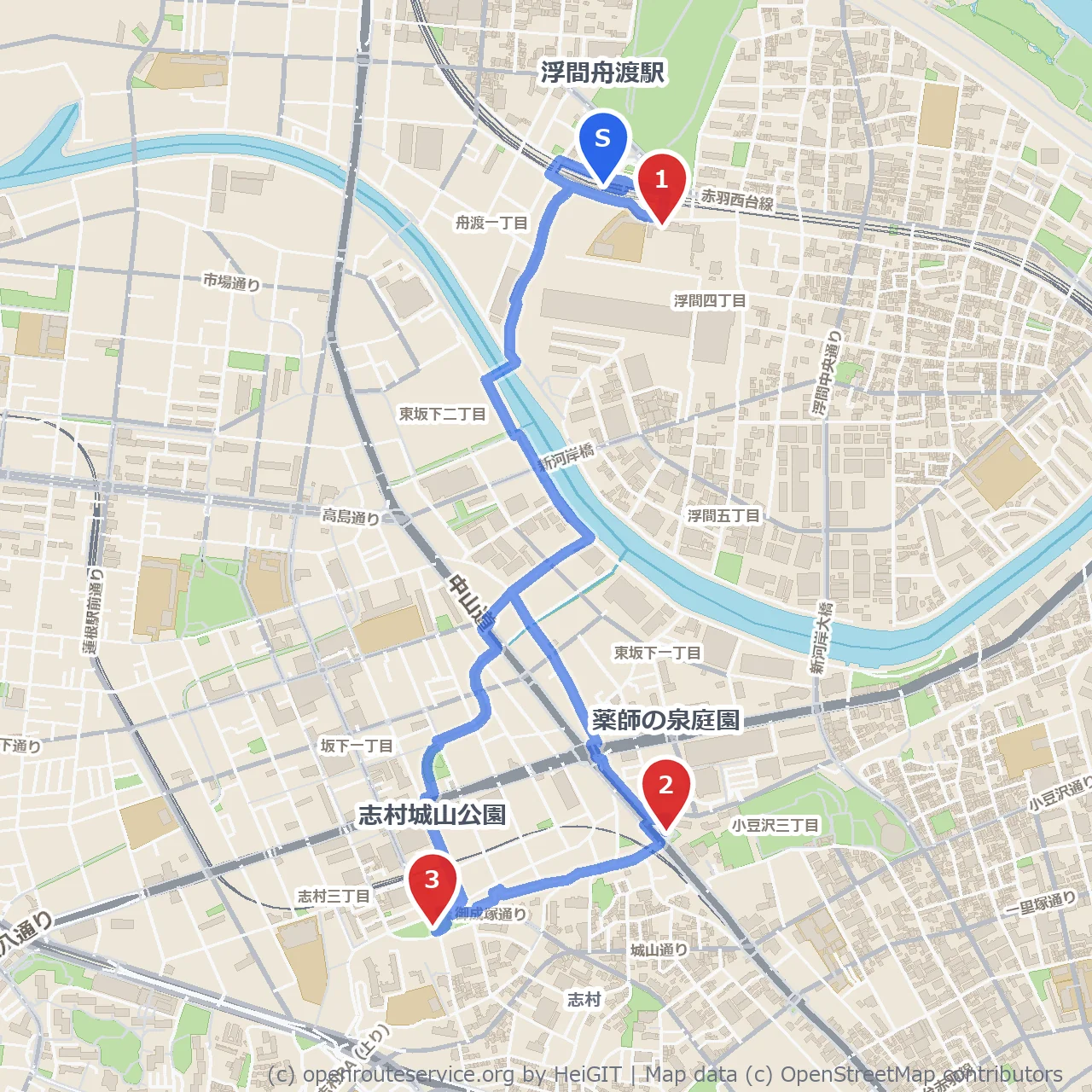 浮間図書館と薬師の泉庭園を巡る自然散歩 のコースマップ
