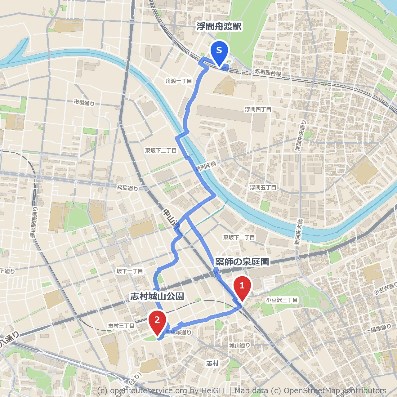 薬師の泉庭園から志村城山公園への静かな散歩道 のコースマップ