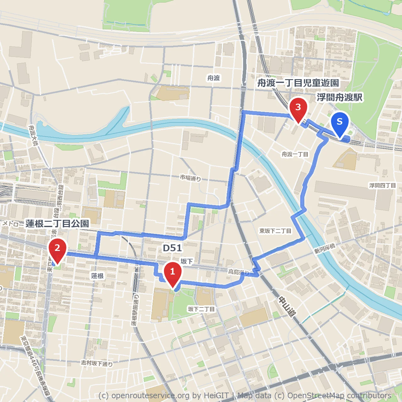 D51蒸気機関車と蓮根公園を巡る舟渡の散策路 のコースマップ