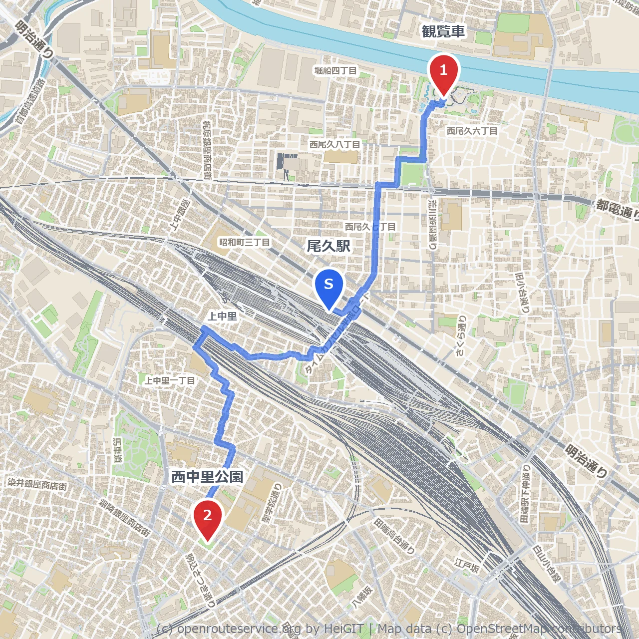 尾久駅近くの観覧車と西中里公園散策路 のコースマップ