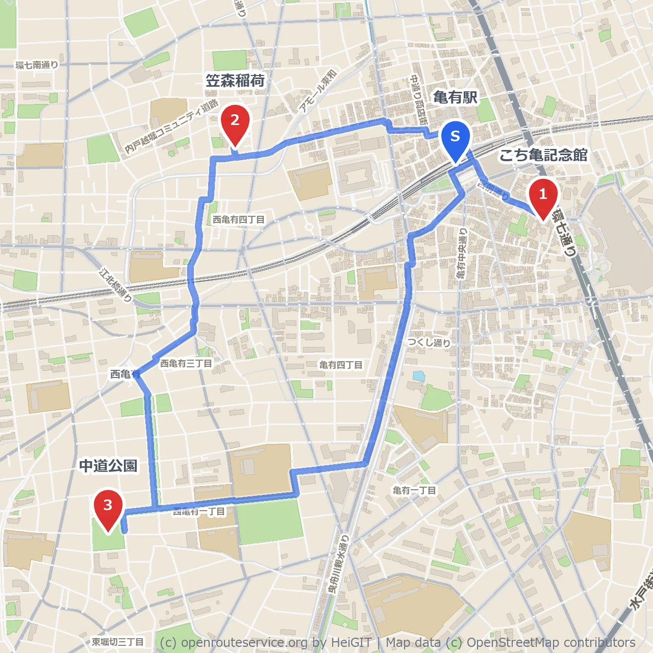こち亀記念館と歴史ある笠森稲荷を訪ねる静かな公園巡り のコースマップ