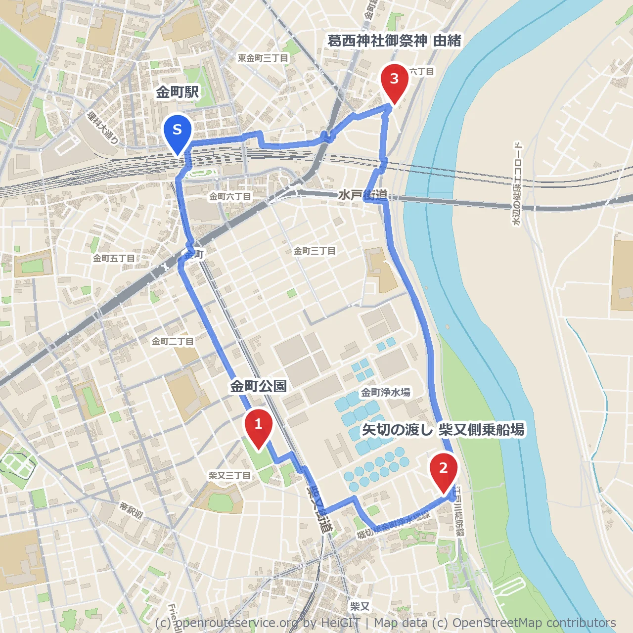 金町公園と矢切の渡しから葛西神社由緒を巡る旅 のコースマップ
