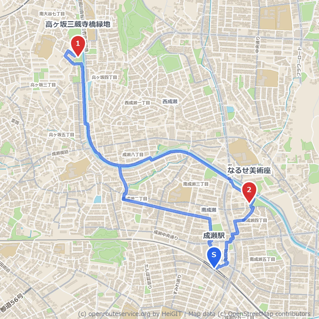 高ヶ坂三蔵寺橋緑地となるせ美術座の静かな散策路 のコースマップ