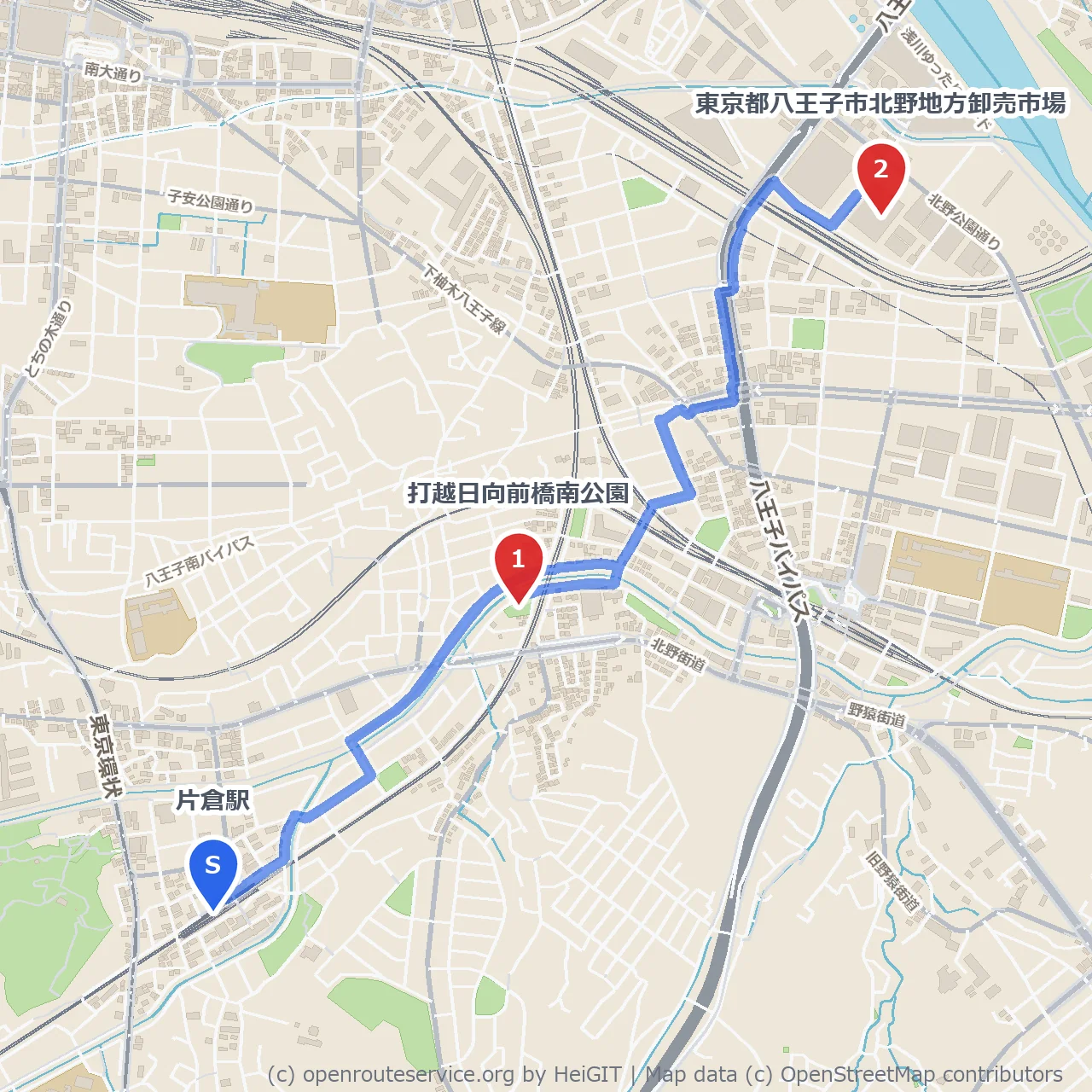 片倉駅から打越日向前橋南公園と北野市場の散策路 のコースマップ
