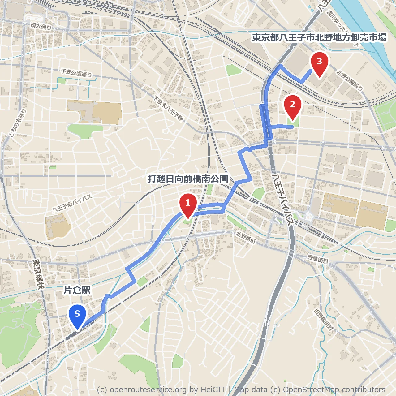 片倉駅発 岸田公園経由で楽しむ北野地方卸売市場への道 のコースマップ
