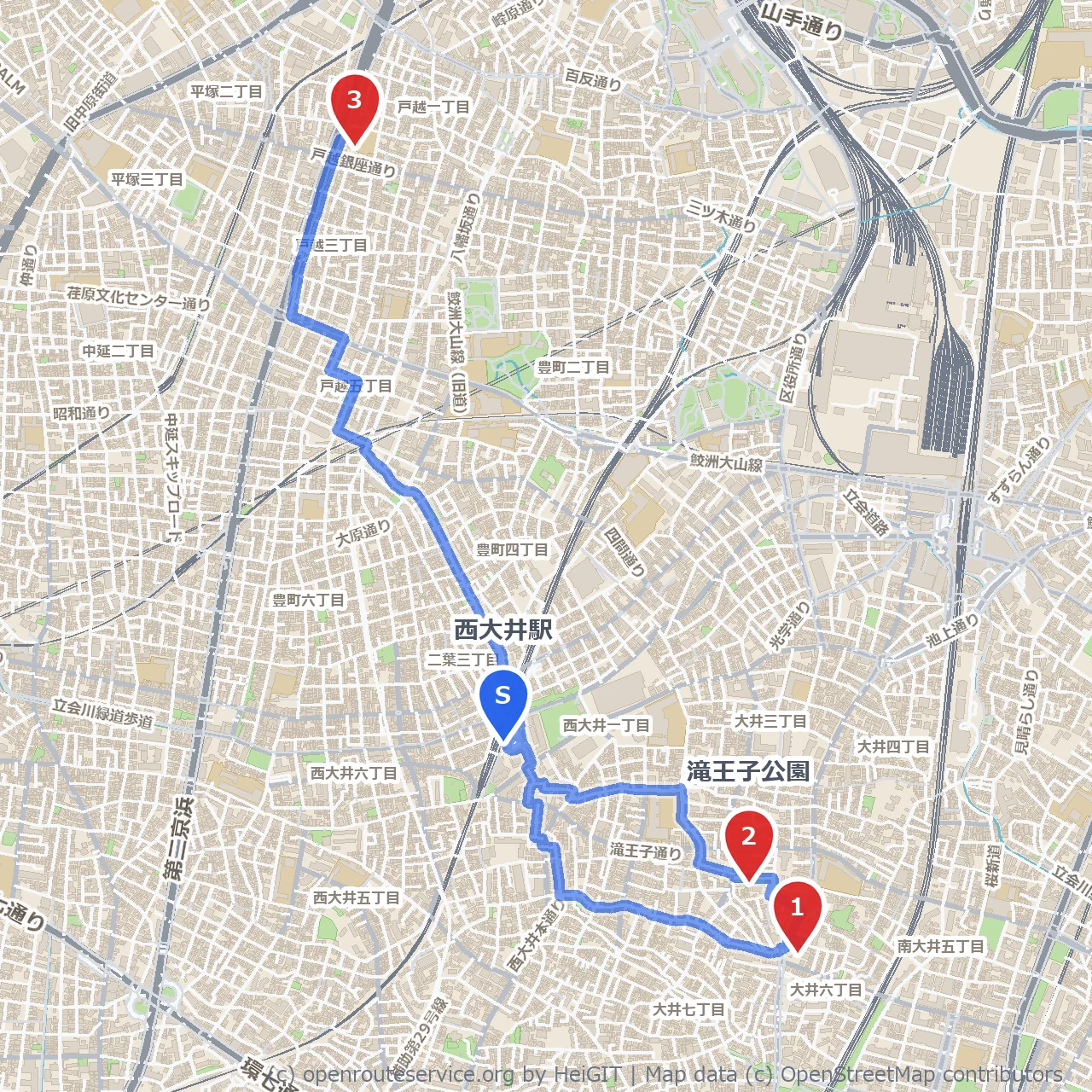 品川歴史と滝王子公園を巡る戸越銀座散歩道 のコースマップ
