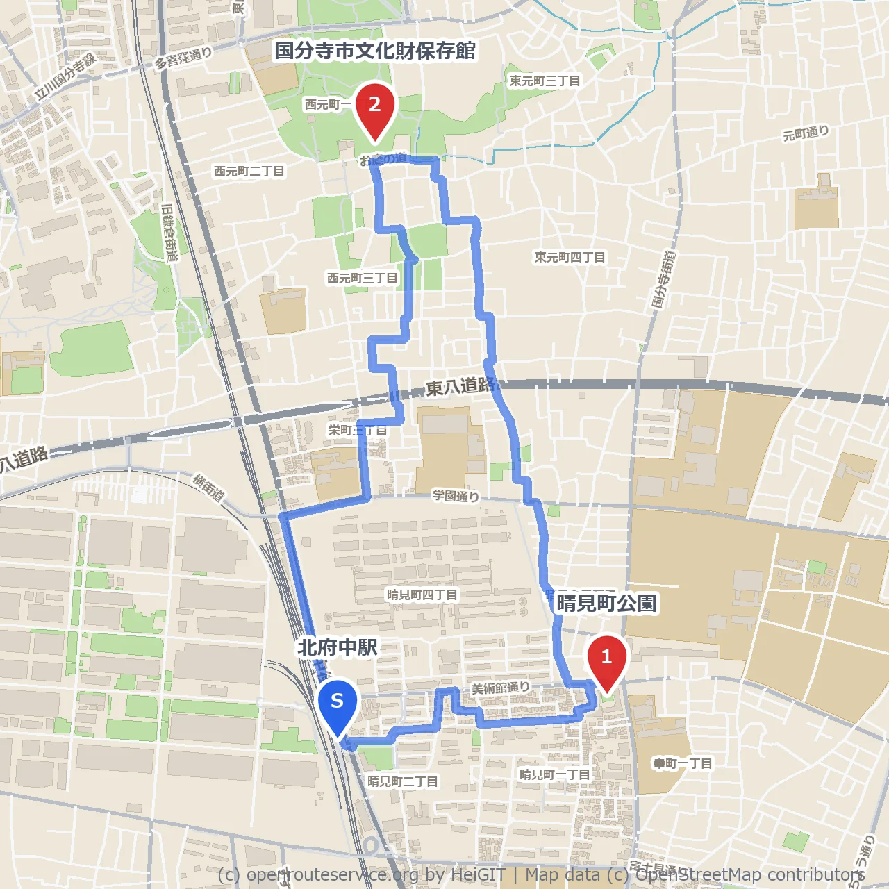 晴見町公園から文化財保存館までの歴史散策 のコースマップ