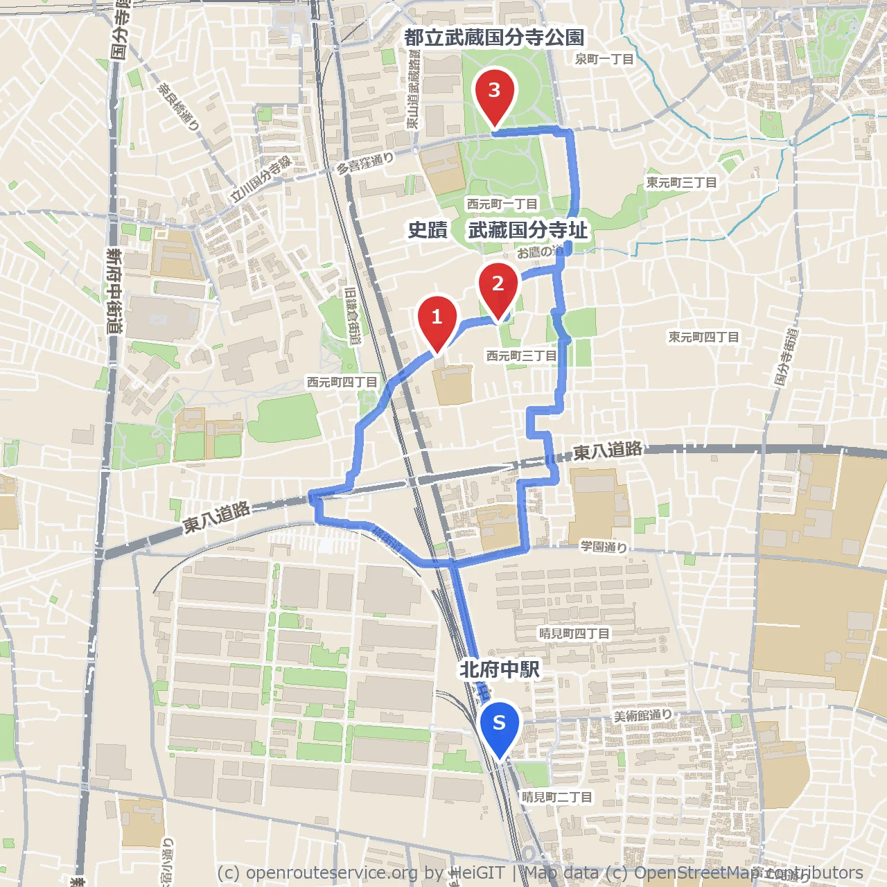 武蔵国分寺址と都立公園を巡る歴史公園散歩 のコースマップ