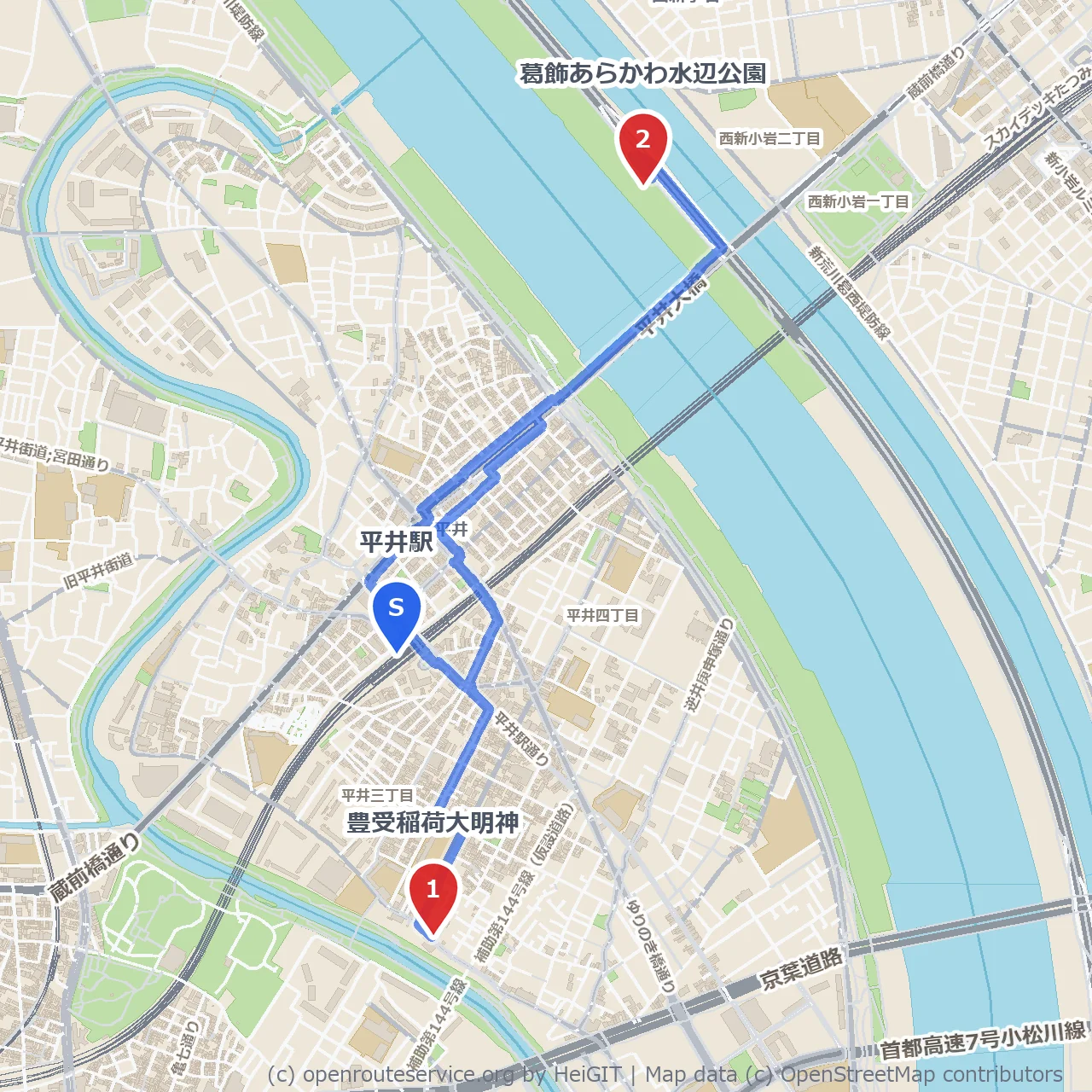 豊受稲荷大明神と葛飾あらかわ水辺散策 のコースマップ