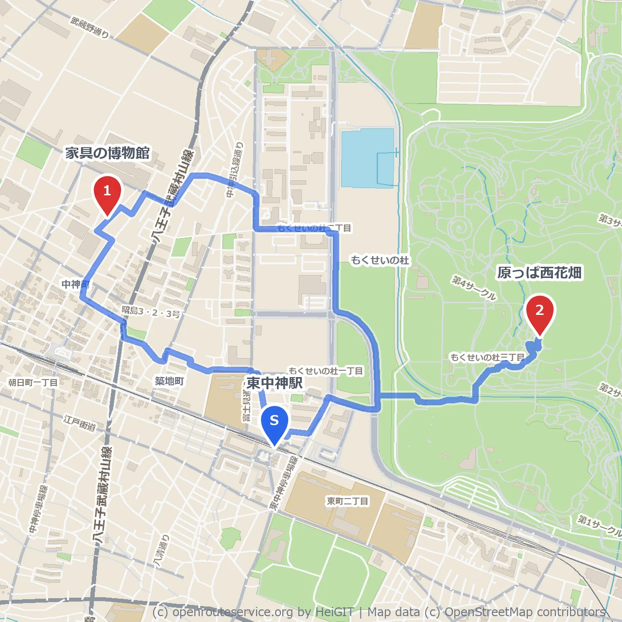 東中神の家具博物館から花畑へ自然散策 のコースマップ