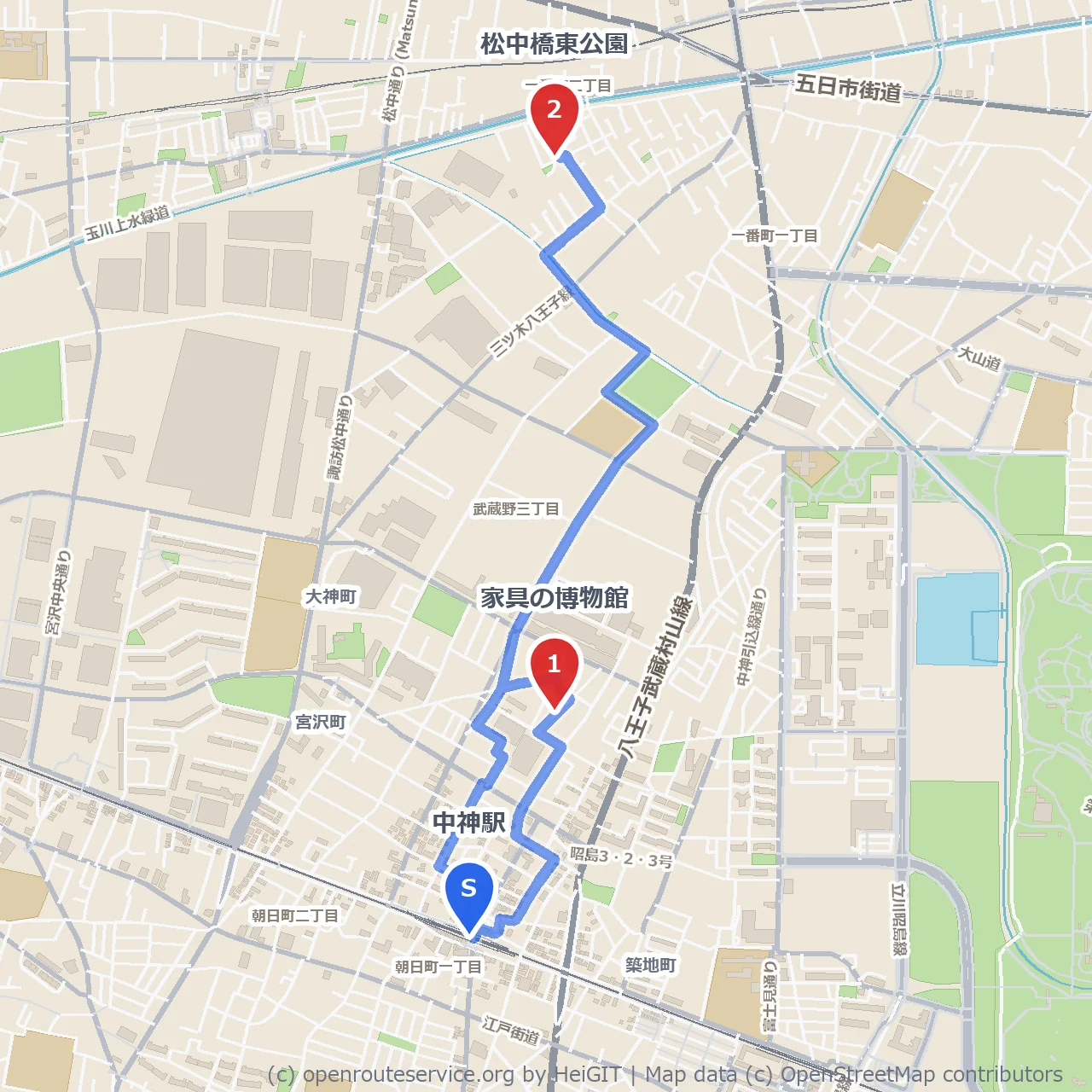 中神駅近くの家具博物館と松中橋東公園散策 のコースマップ