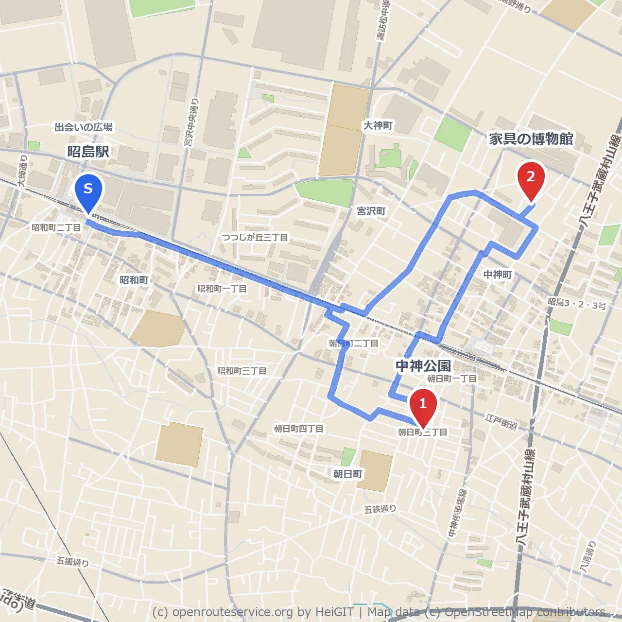 中神公園から家具の博物館へ癒しの散歩道 のコースマップ