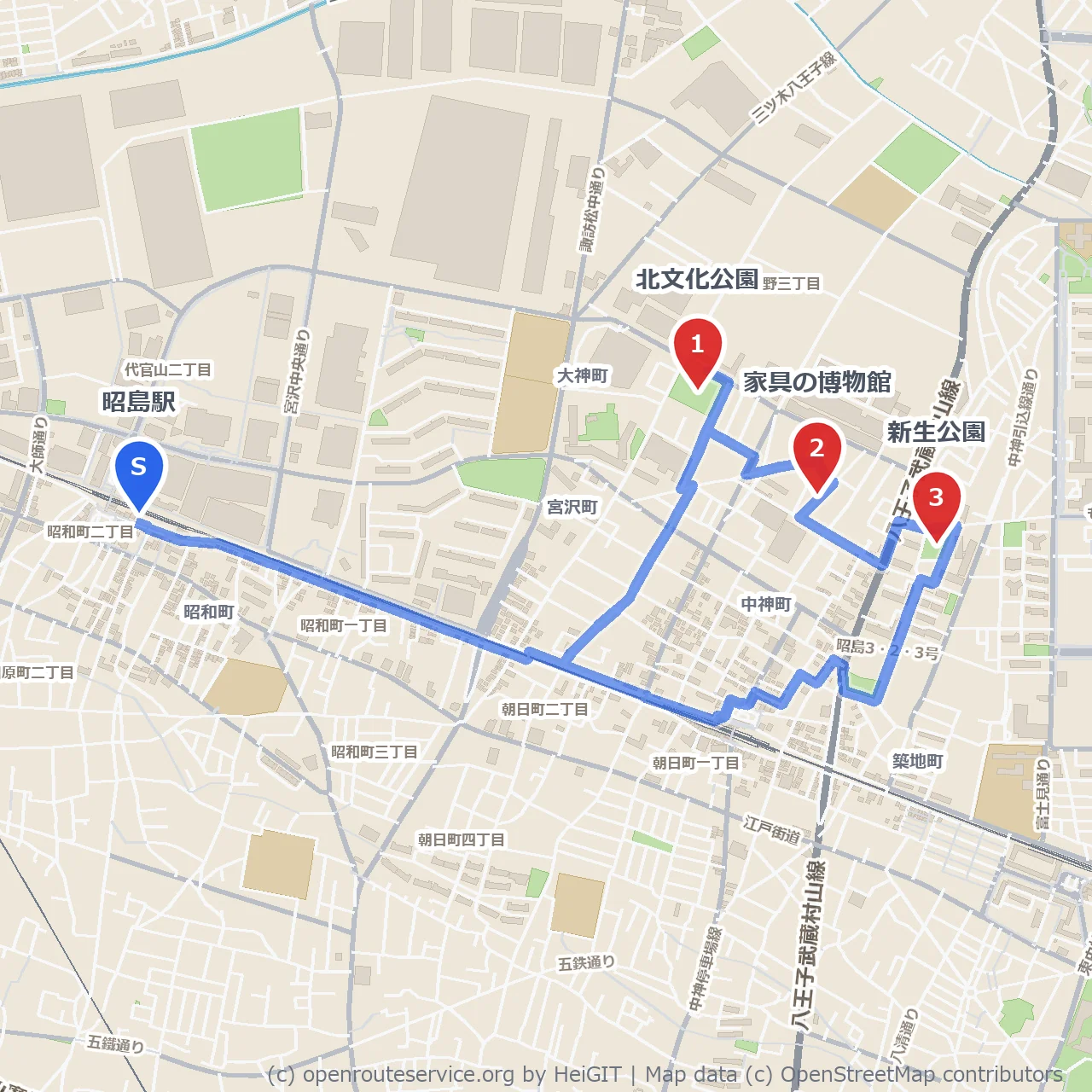 北文化公園と新生公園を巡る昭島の自然散策 のコースマップ