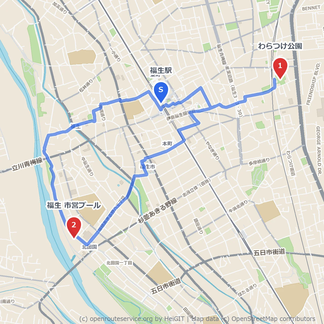 福生 わらつけ公園から市営プールまでの散策路 のコースマップ