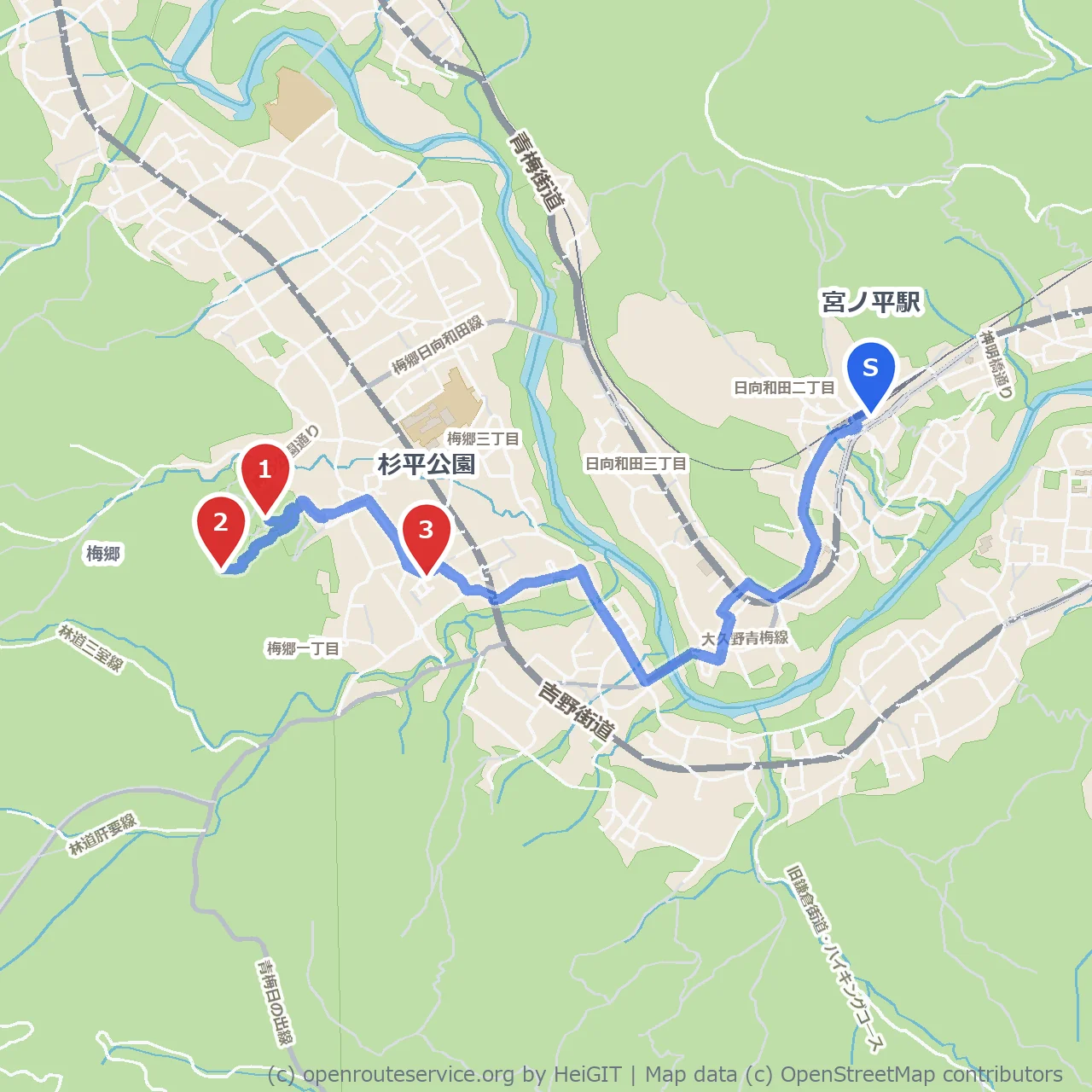 青梅市梅の公園から梅郷眺望、杉平公園の自然散策 のコースマップ