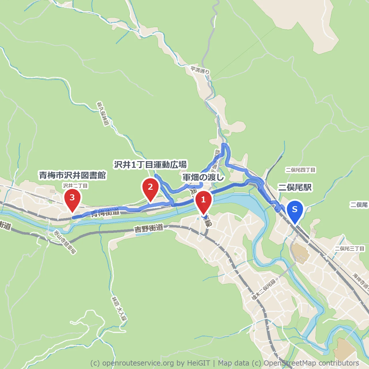 軍畑の渡しと沢井運動広場を巡る穏やかな散歩道 のコースマップ