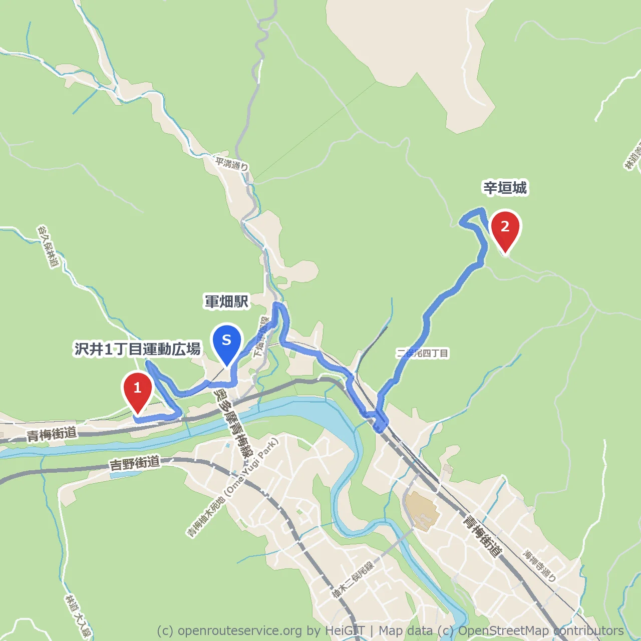 沢井運動広場から辛垣城歴史散歩 のコースマップ