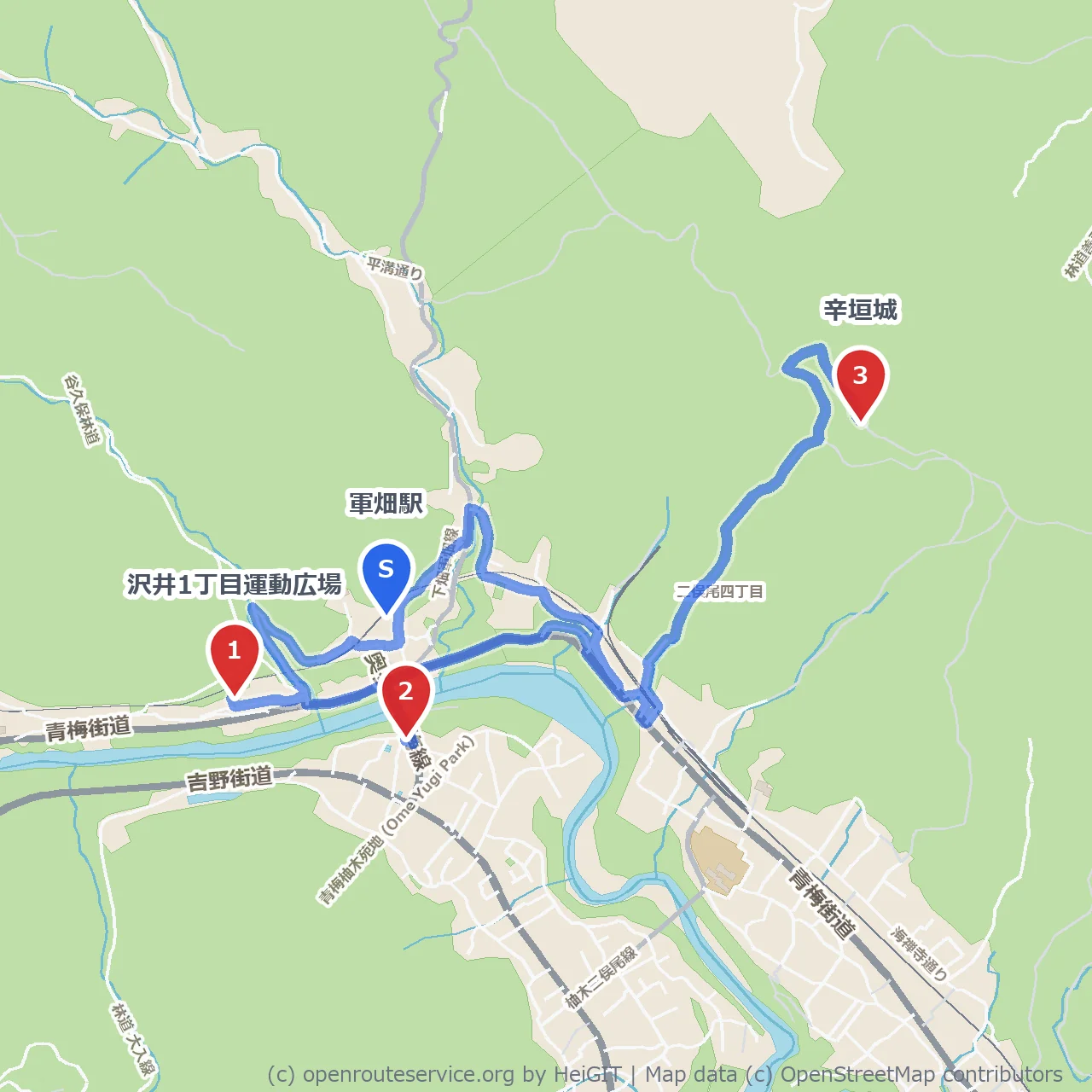 軍畑の渡しを渡る沢井広場から辛垣城へ のコースマップ