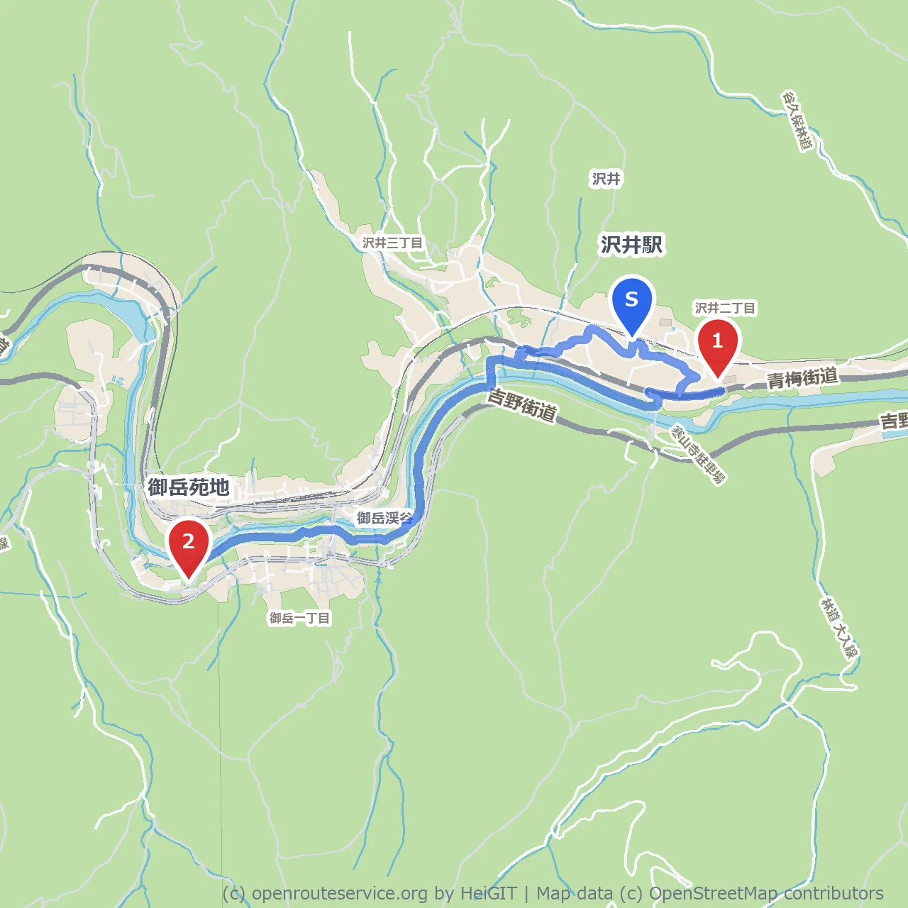 沢井図書館から御岳苑地へ緑を楽しむ散歩 のコースマップ