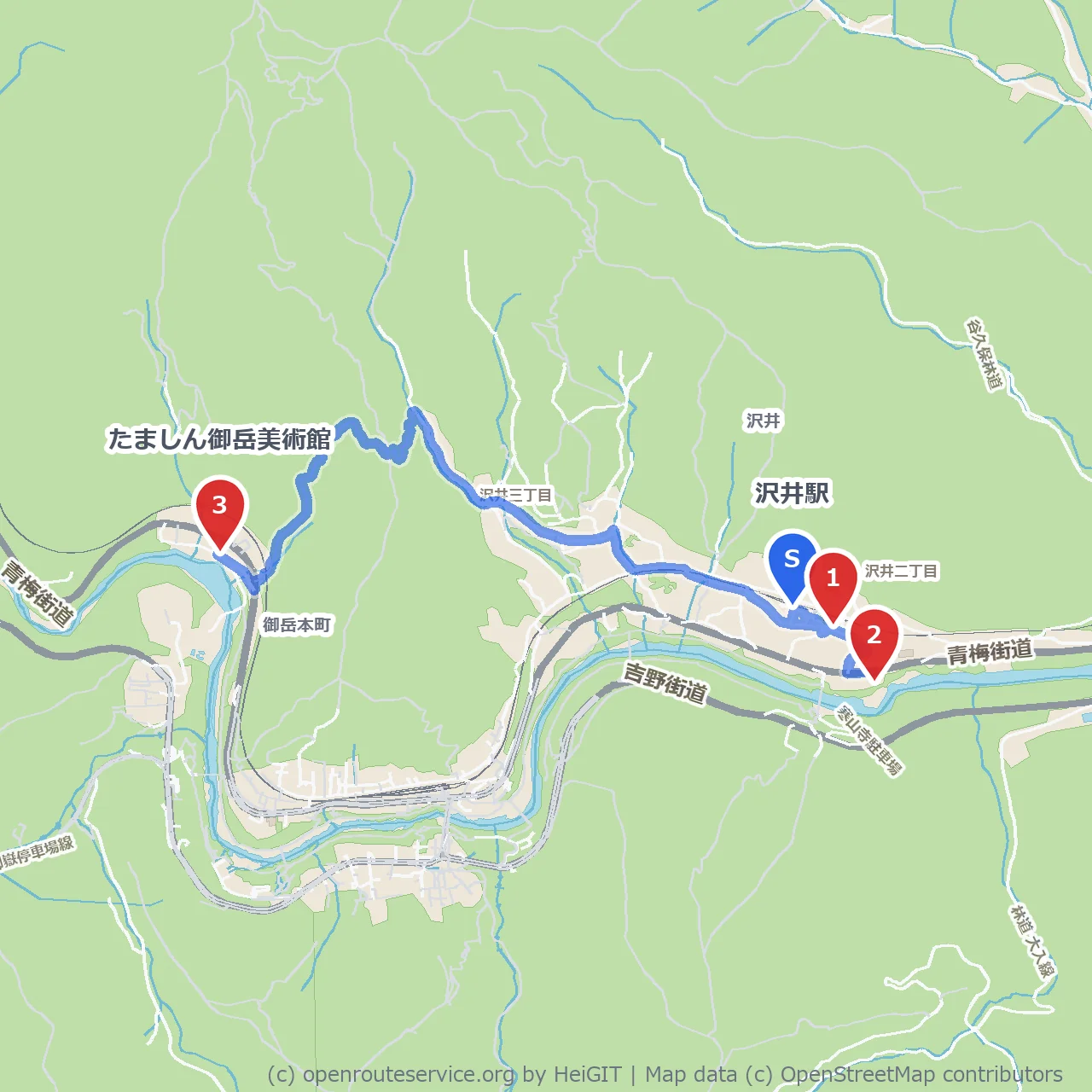 沢井駅周辺の広場と美術館めぐりウォーク のコースマップ