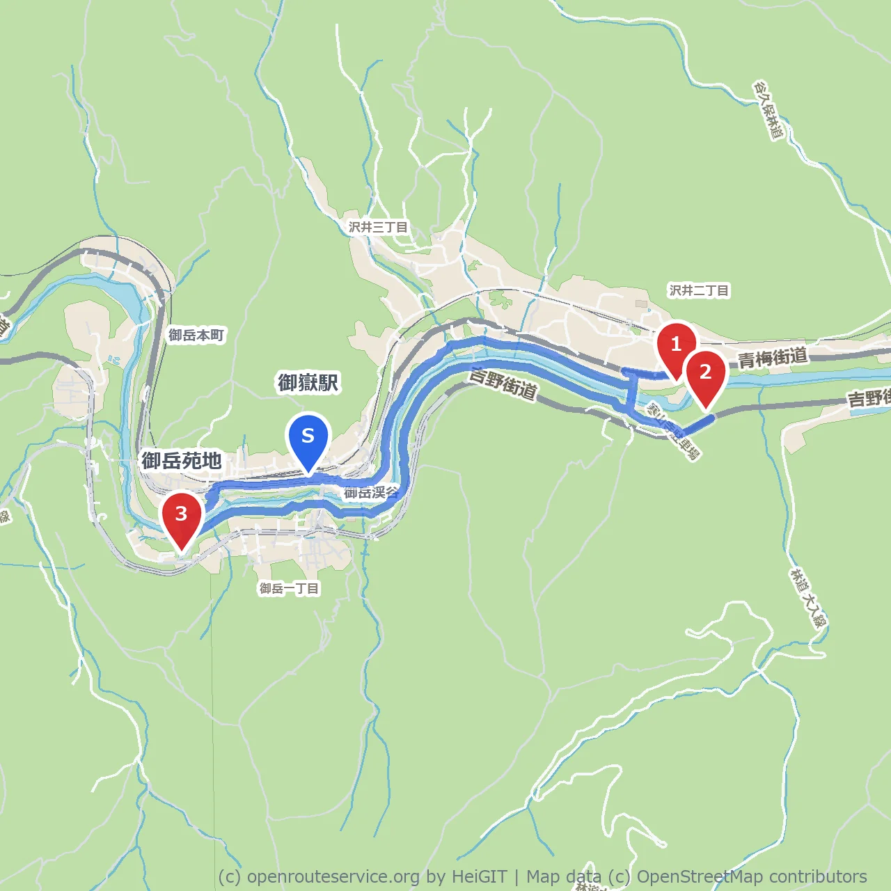 沢井プールと櫛かんざし美術館を巡る御岳苑地散歩 のコースマップ