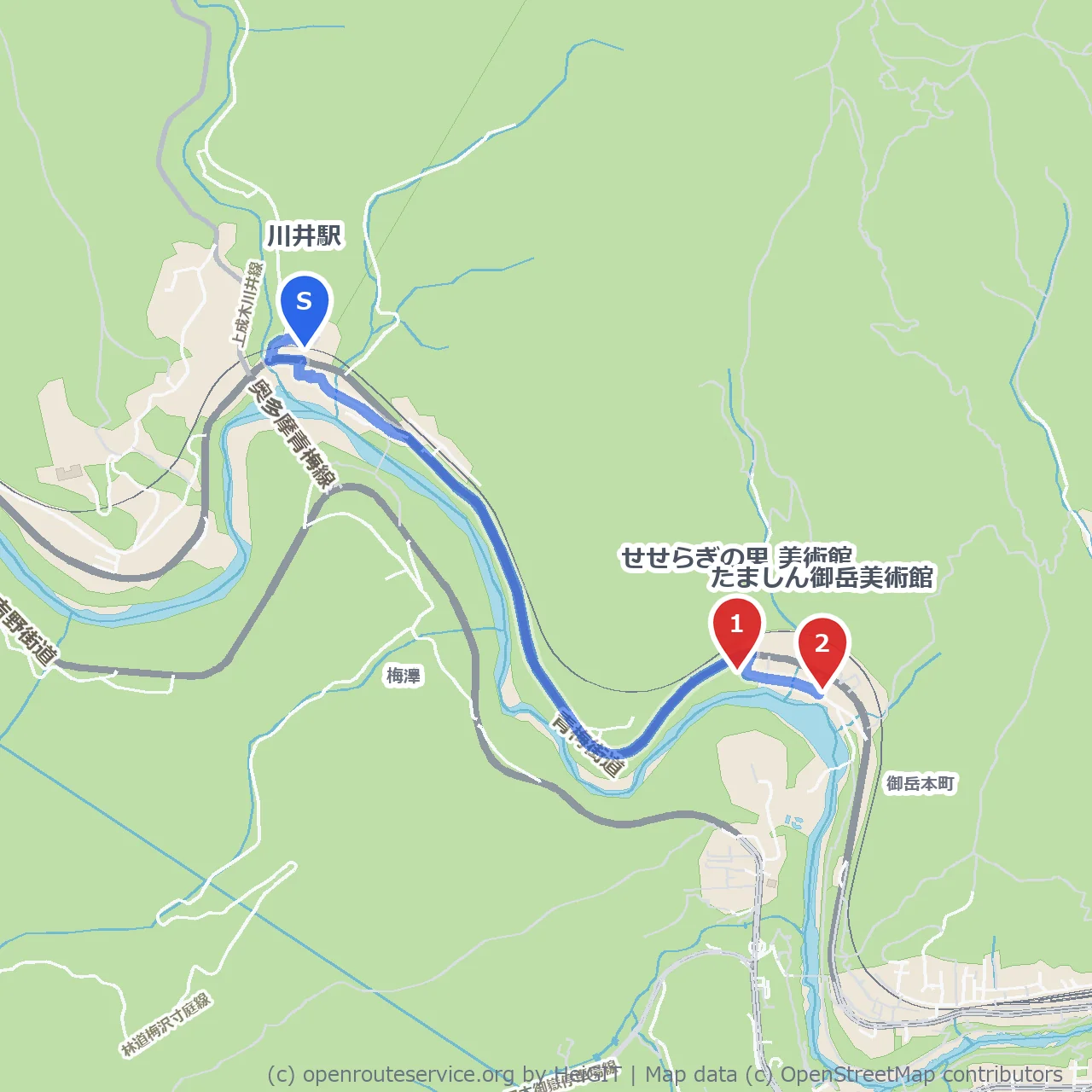 川井駅から歩くせせらぎの里と御岳の美術館巡り のコースマップ