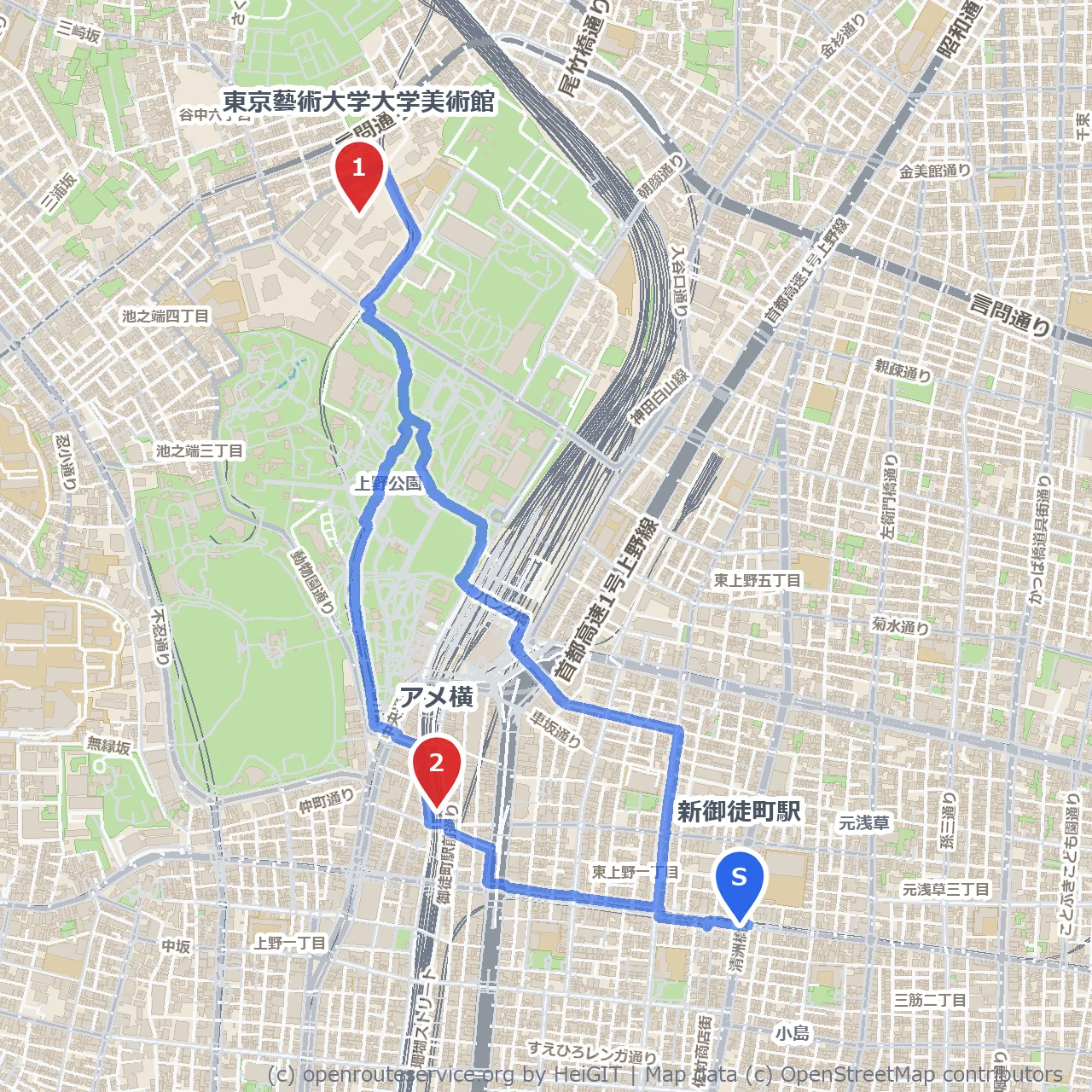 東京藝術大学美術館とアメ横の文化散歩 のコースマップ