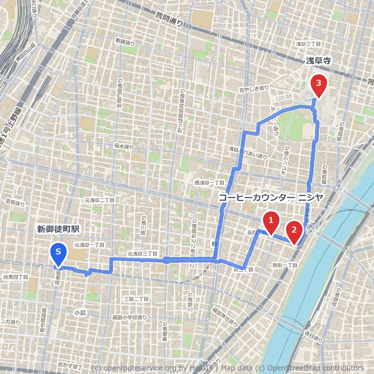 浅草寺とカバン博物館を訪ねる新御徒町散歩 のコースマップ