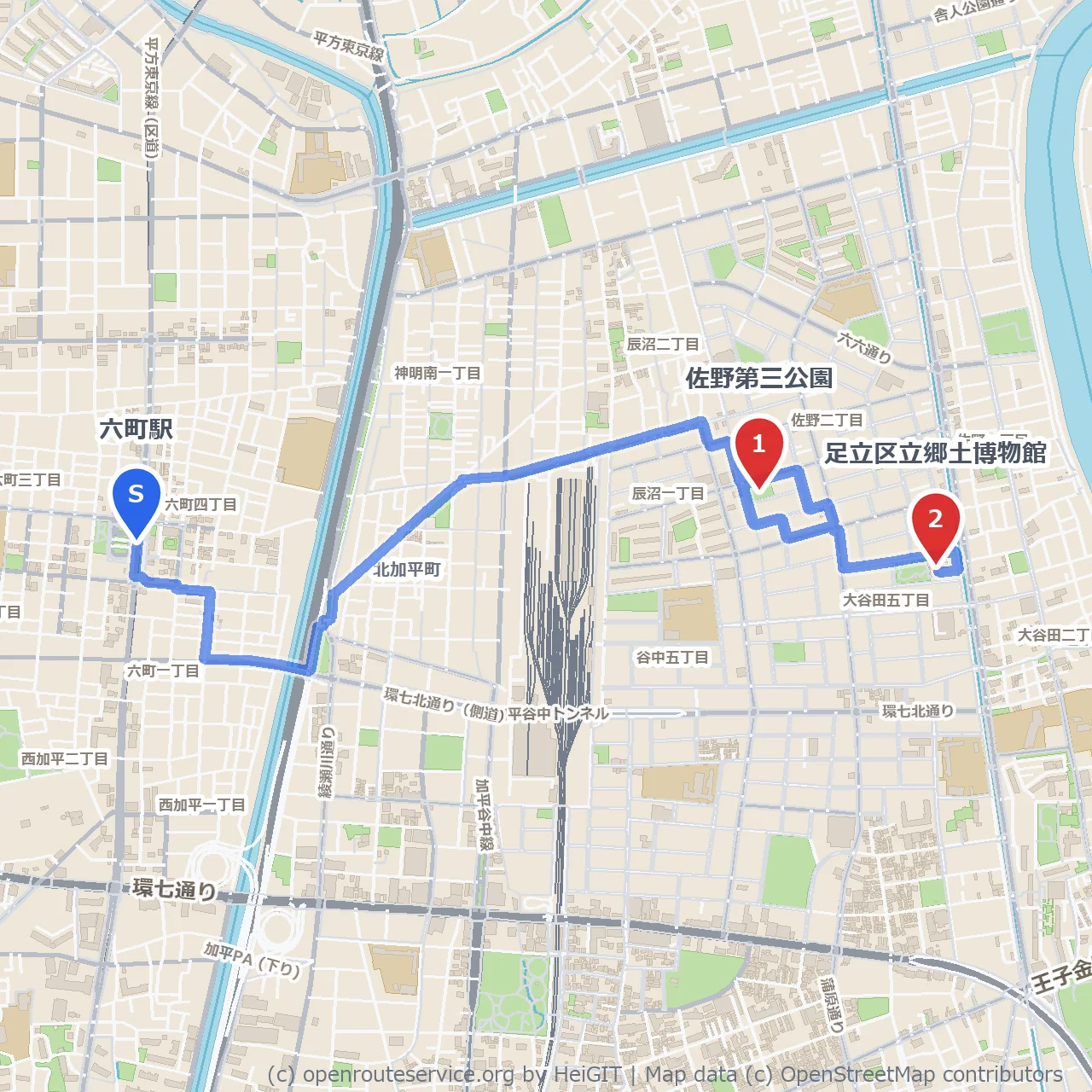 佐野第三公園と足立区立郷土博物館を訪ねる歴史散歩道 のコースマップ
