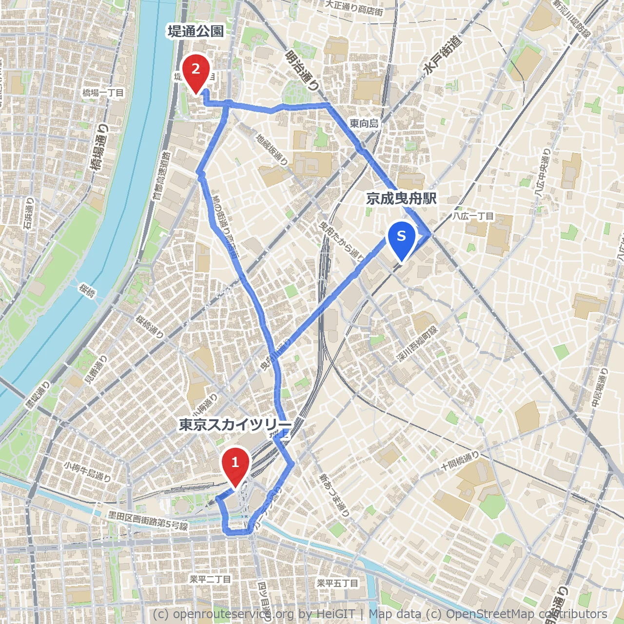 東京スカイツリーと堤通公園緑あふれる川辺歩き のコースマップ