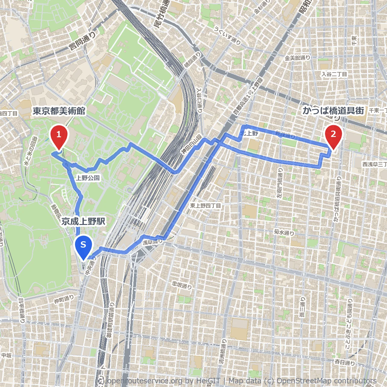 美術館からかっぱ橋道具街を楽しむ散策 のコースマップ