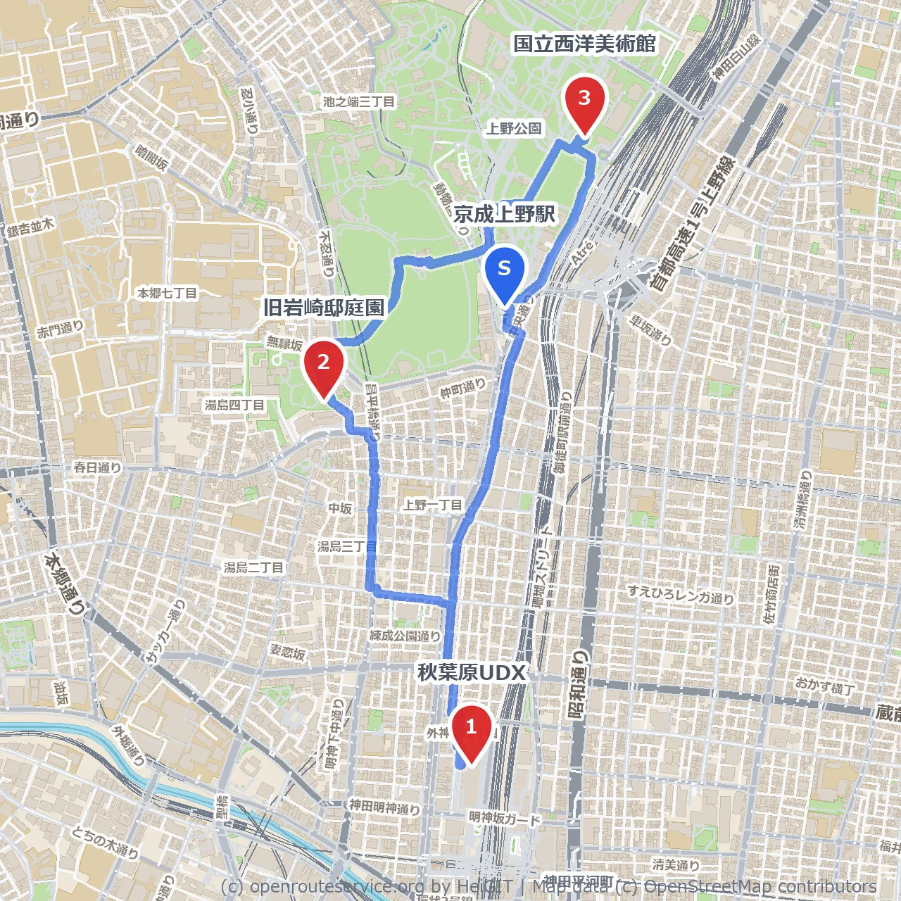 秋葉原UDXと旧岩崎邸庭園、西洋美術館巡り のコースマップ