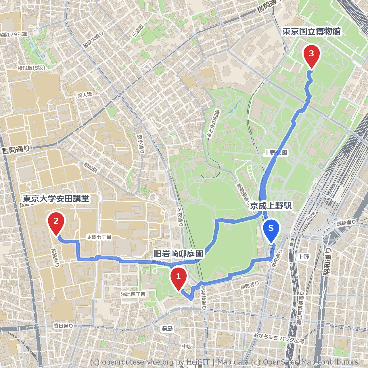 旧岩崎邸庭園と東大安田講堂、国立博物館散策 のコースマップ