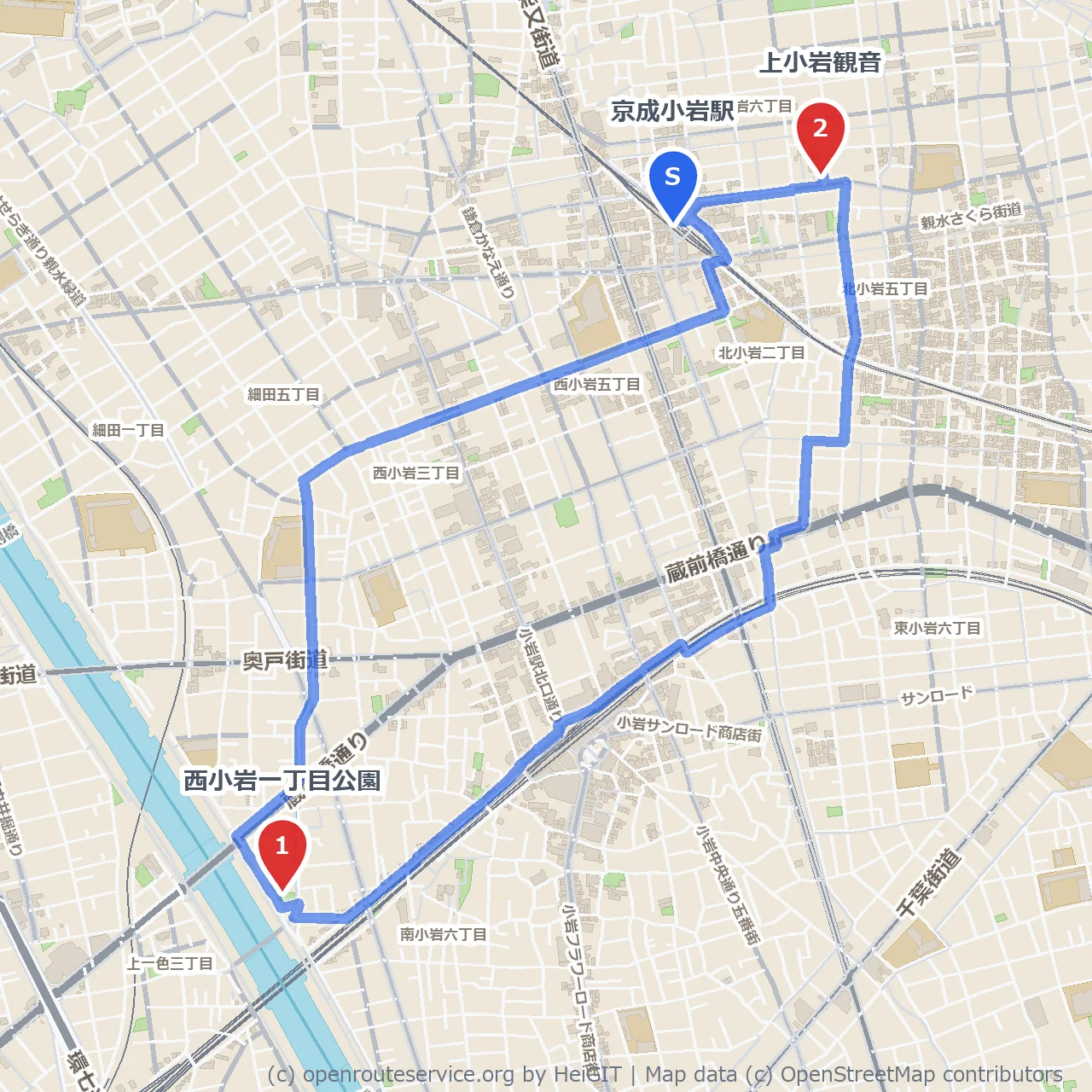 西小岩一丁目公園と歴史ある上小岩観音巡り のコースマップ