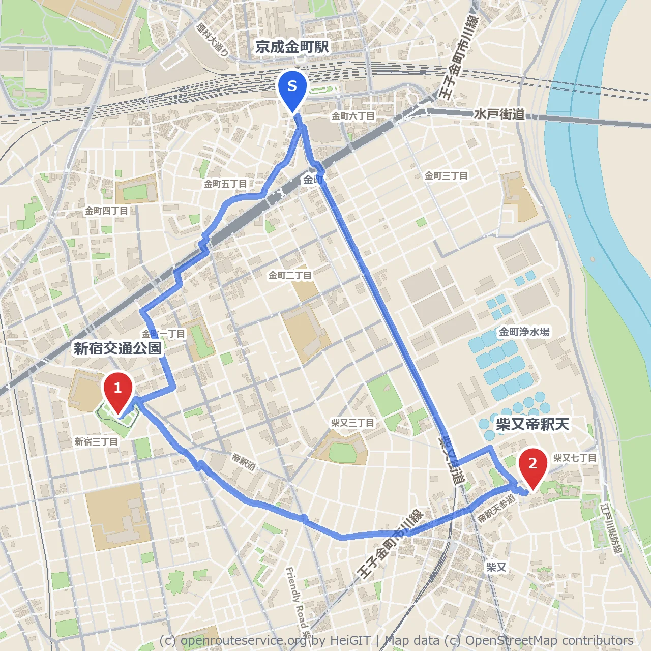 新宿交通公園から柴又帝釈天への歴史散策 のコースマップ