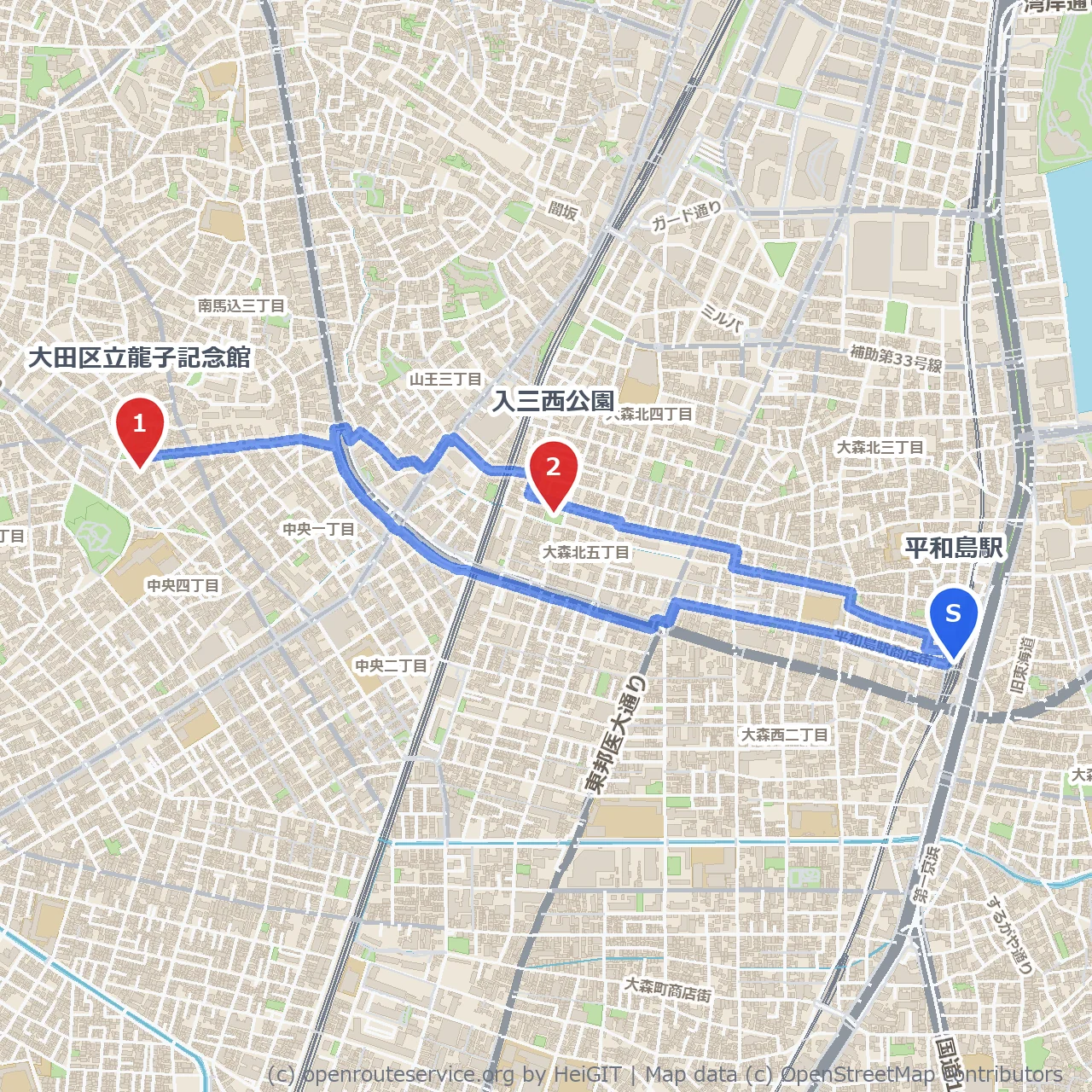 龍子記念館から入三西公園へ自然散策 のコースマップ