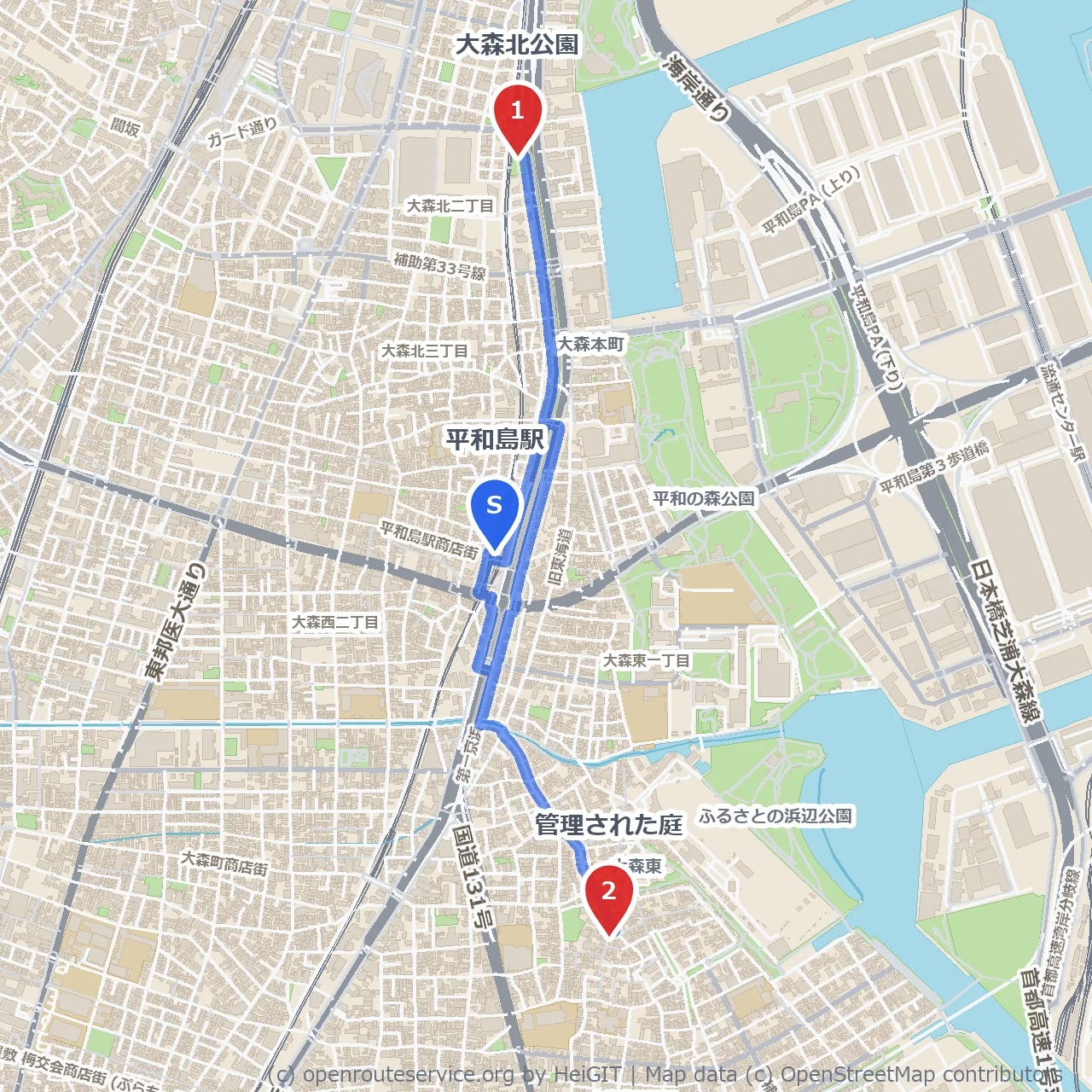 大森北公園と手入れの行き届いた庭園散歩 のコースマップ