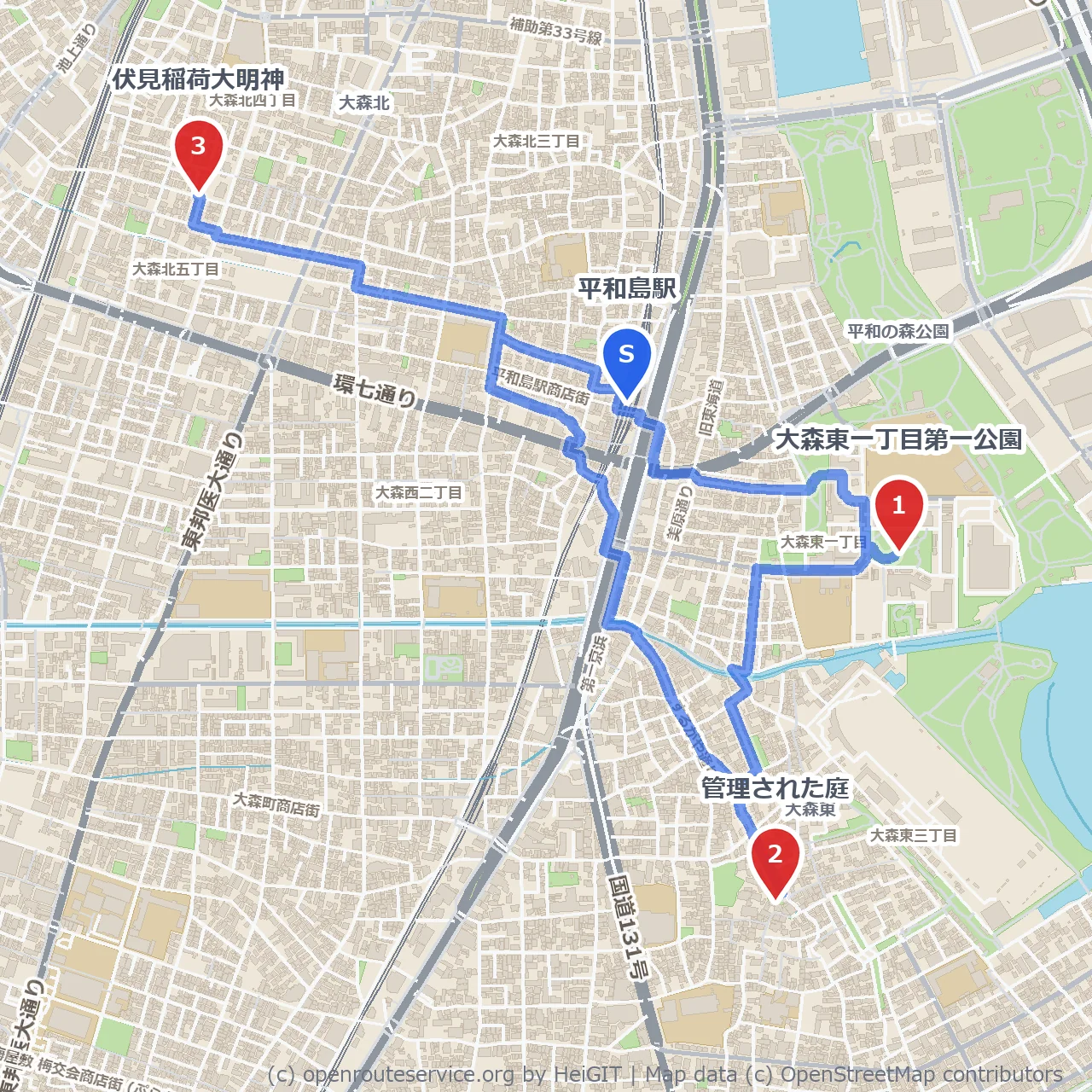 大森東公園から伏見稲荷大明神までの散策路 のコースマップ