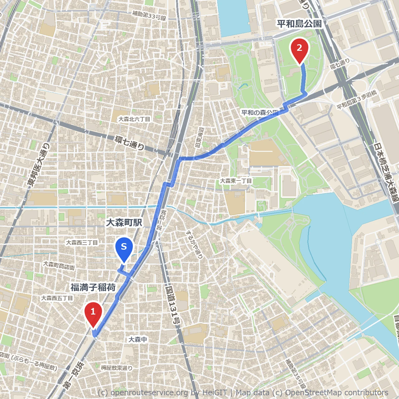 福満子稲荷と平和島公園の静かな散歩道 のコースマップ