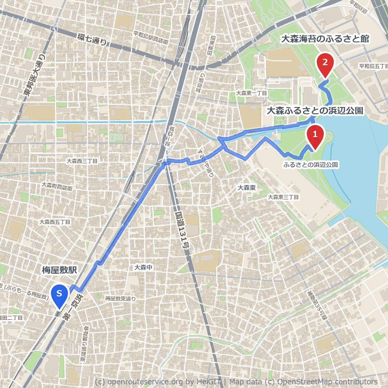 梅屋敷駅から大森海苔のふるさと館散策路 のコースマップ