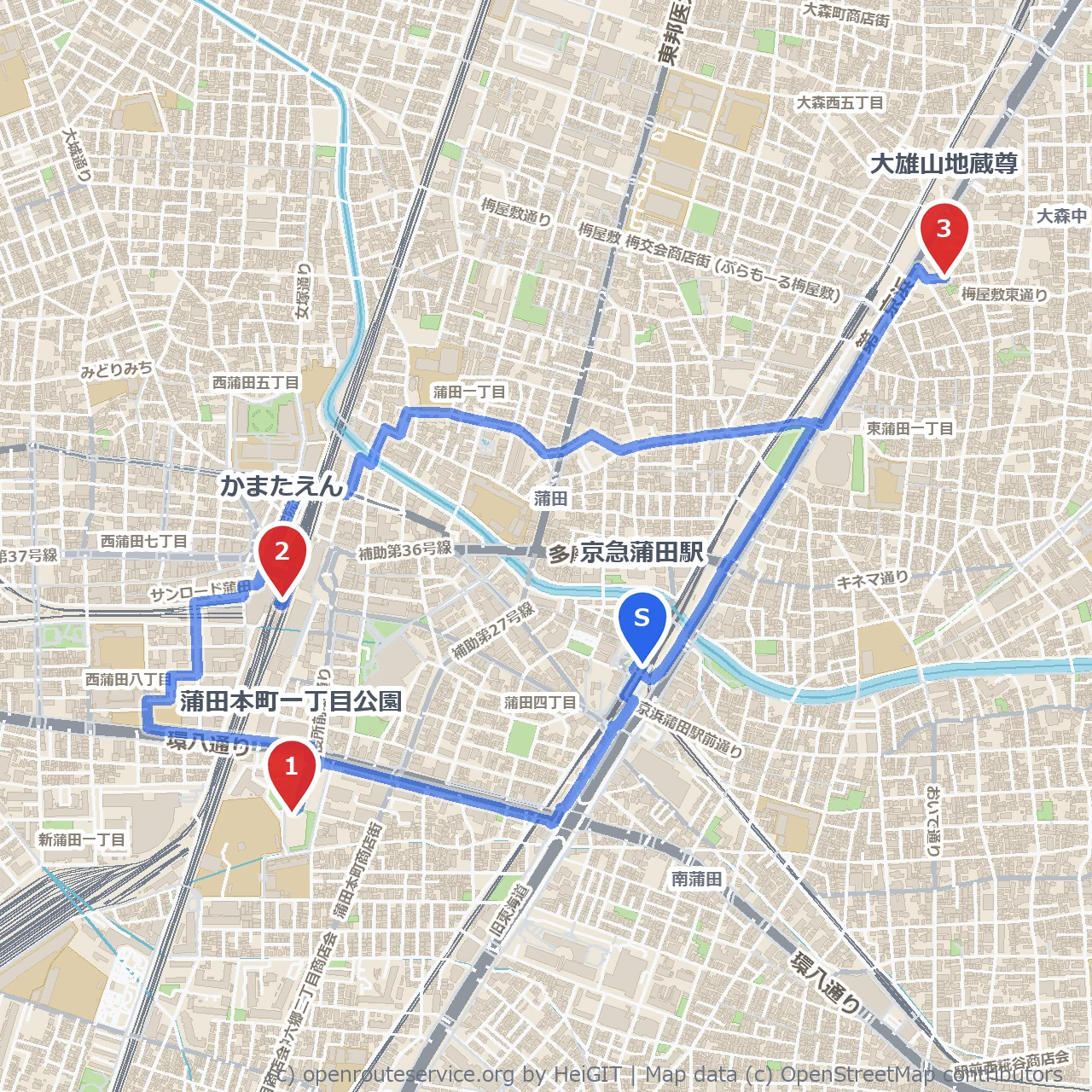 蒲田本町公園からかまたえんと大雄山地蔵尊を訪ねて のコースマップ