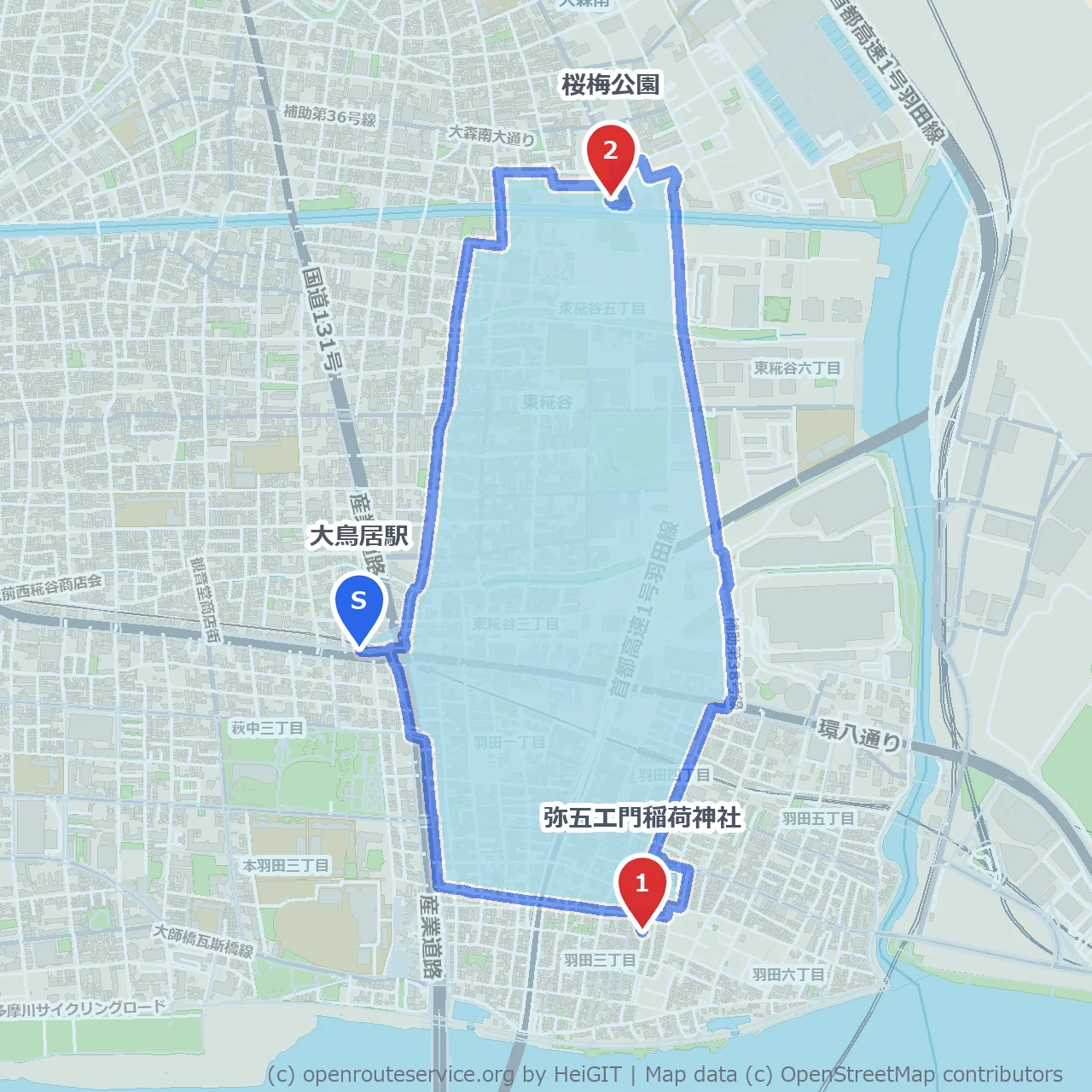 弥五エ門稲荷と桜梅公園を巡る穏やかな散策路 のコースマップ