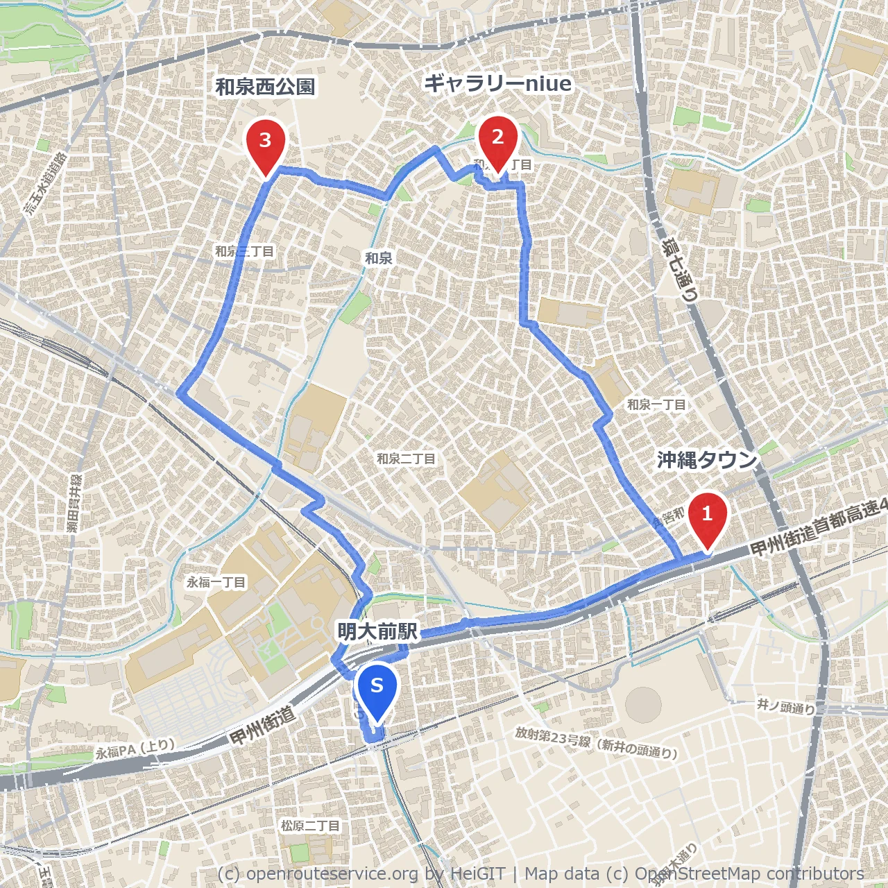 沖縄タウンと和泉西公園、ギャラリーniue散策 のコースマップ
