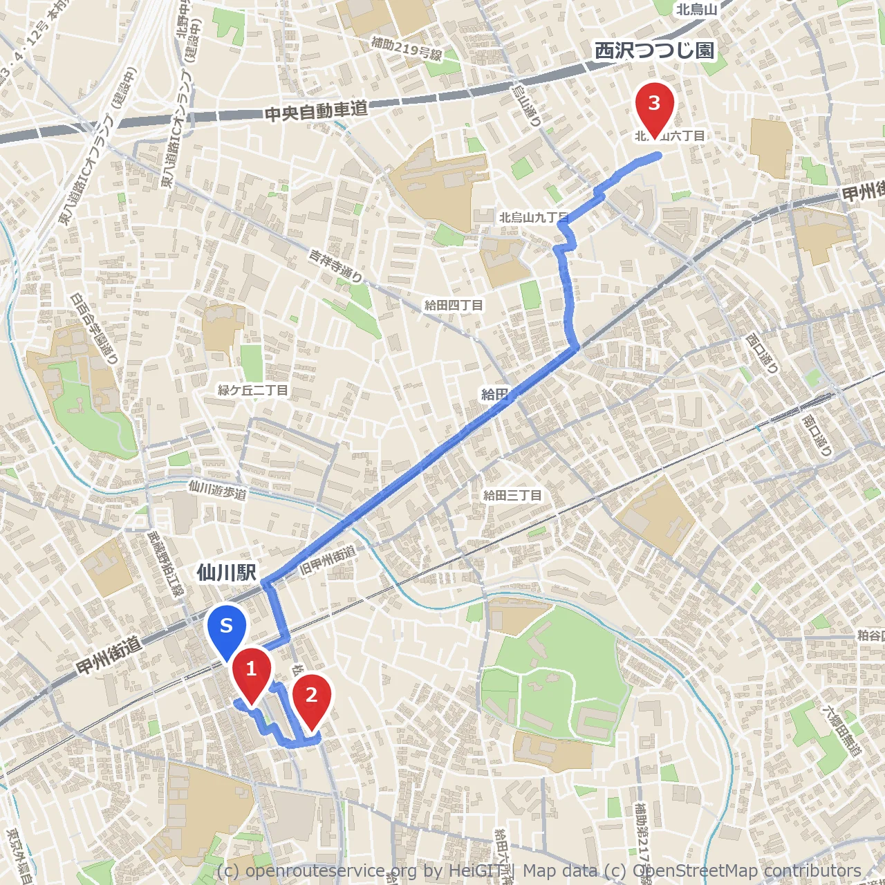 仙川のカフェとアート 西沢つつじ園をめぐる散歩 のコースマップ