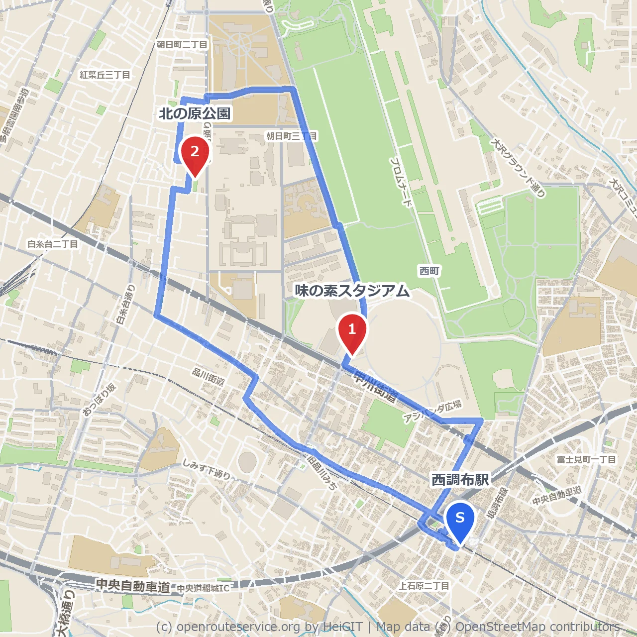 味の素スタジアムと北の原公園散策路 のコースマップ