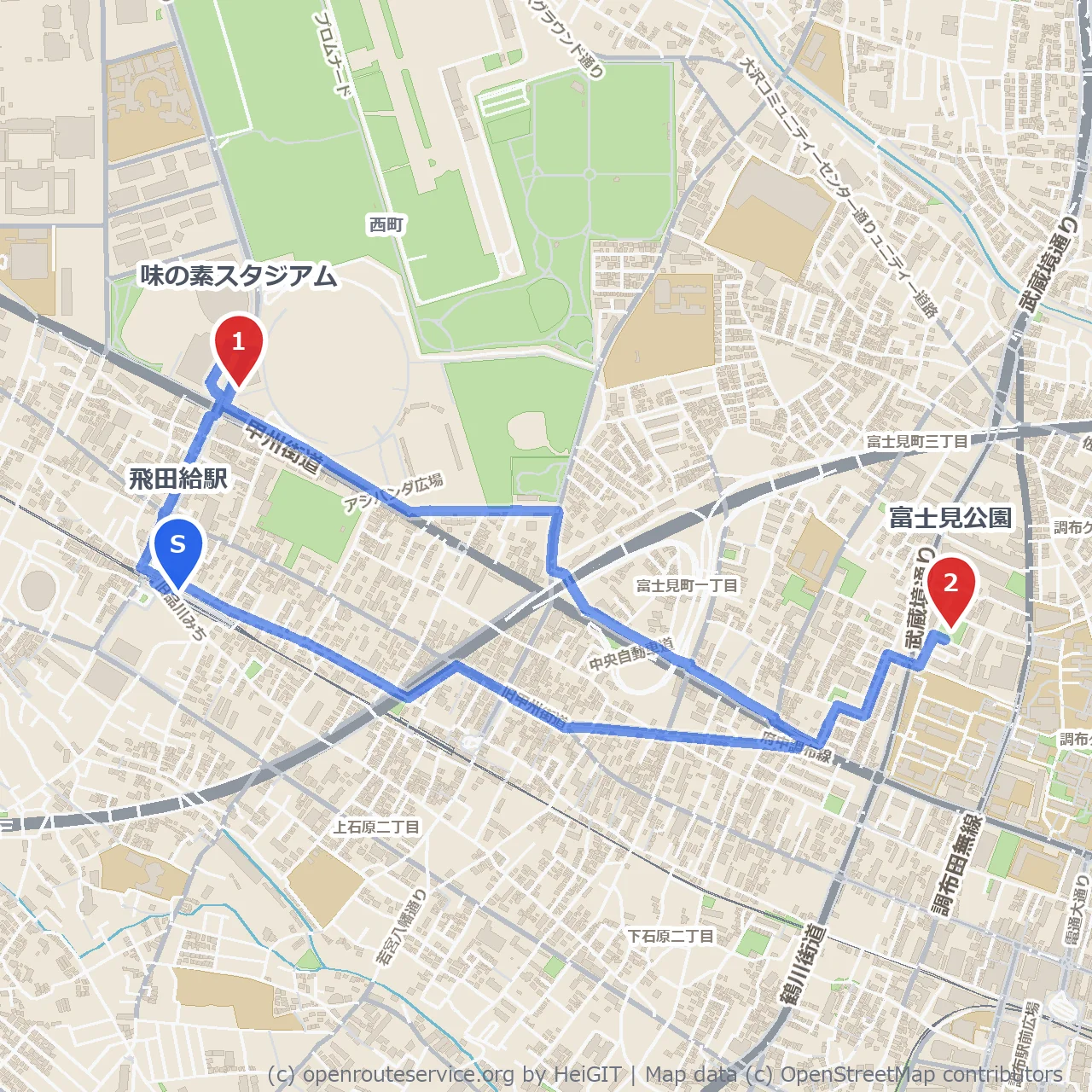 味の素スタジアムから富士見公園へののんびり散歩 のコースマップ