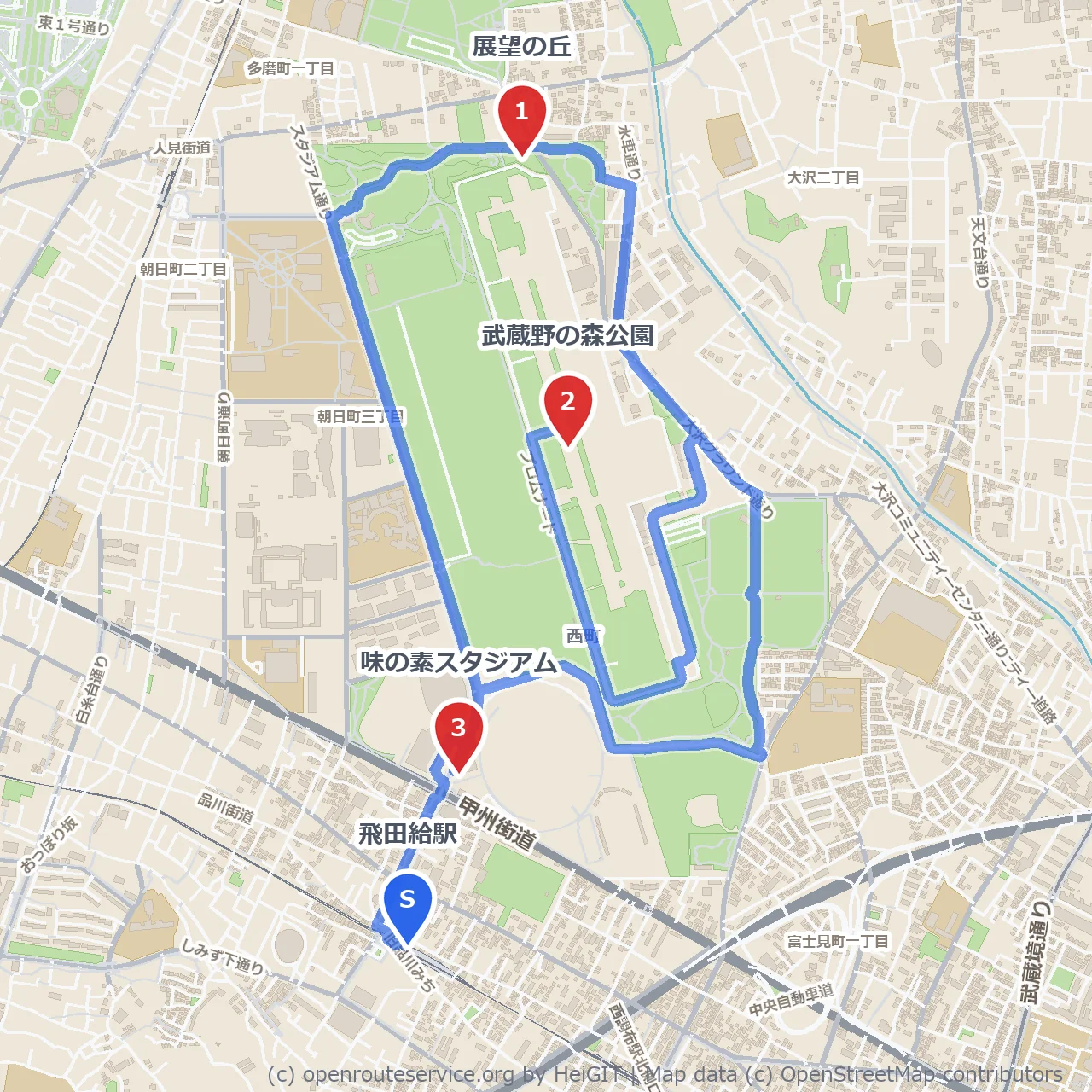 展望の丘と武蔵野の森公園を巡る飛田給の自然道 のコースマップ