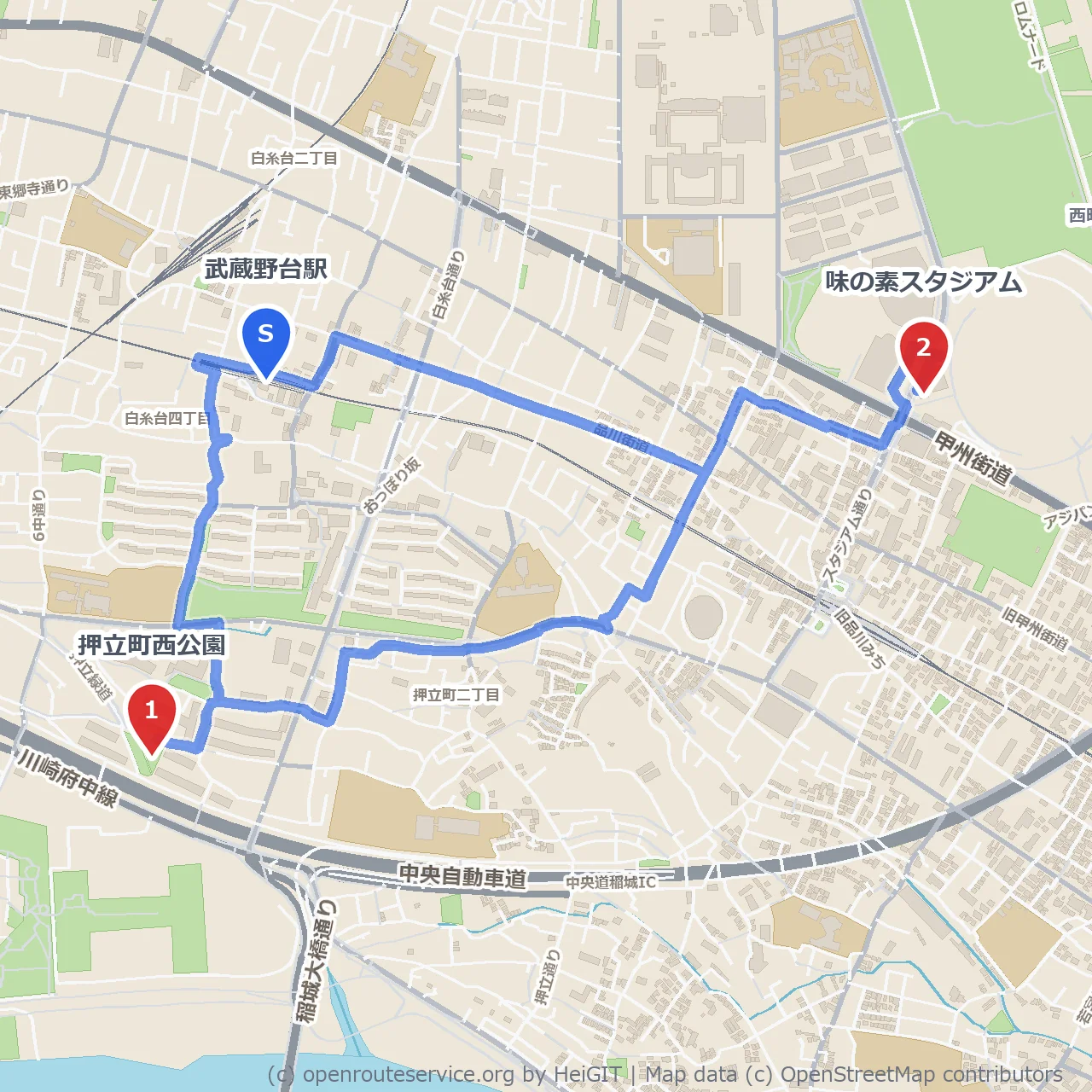 武蔵野台駅発 押立町西公園から味の素スタジアム散策 のコースマップ