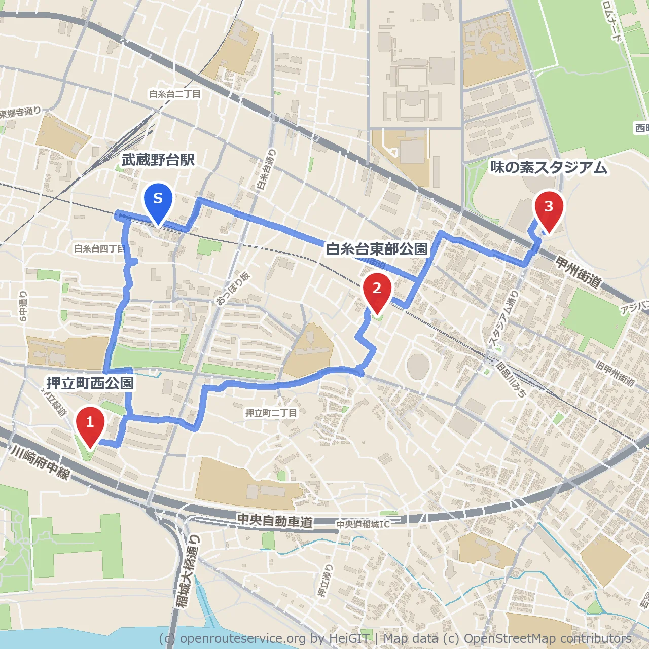 武蔵野台駅近く 押立町西公園と白糸台東部公園経由の散歩道 のコースマップ