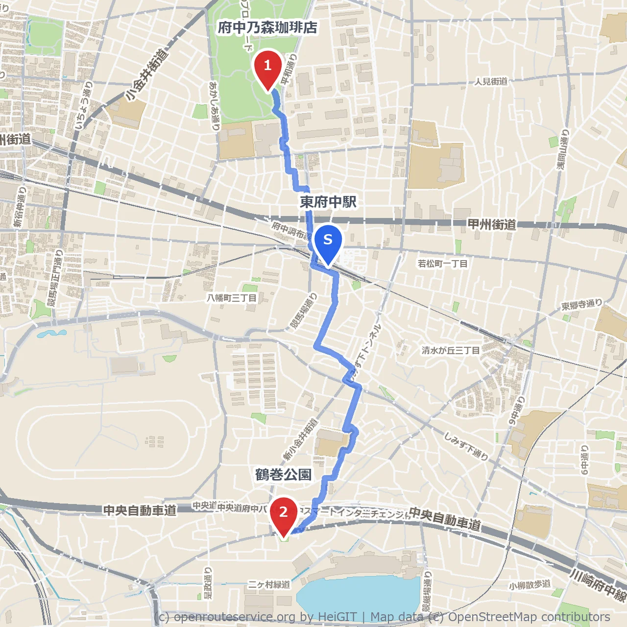 府中乃森珈琲店から鶴巻公園への静かな散策路 のコースマップ